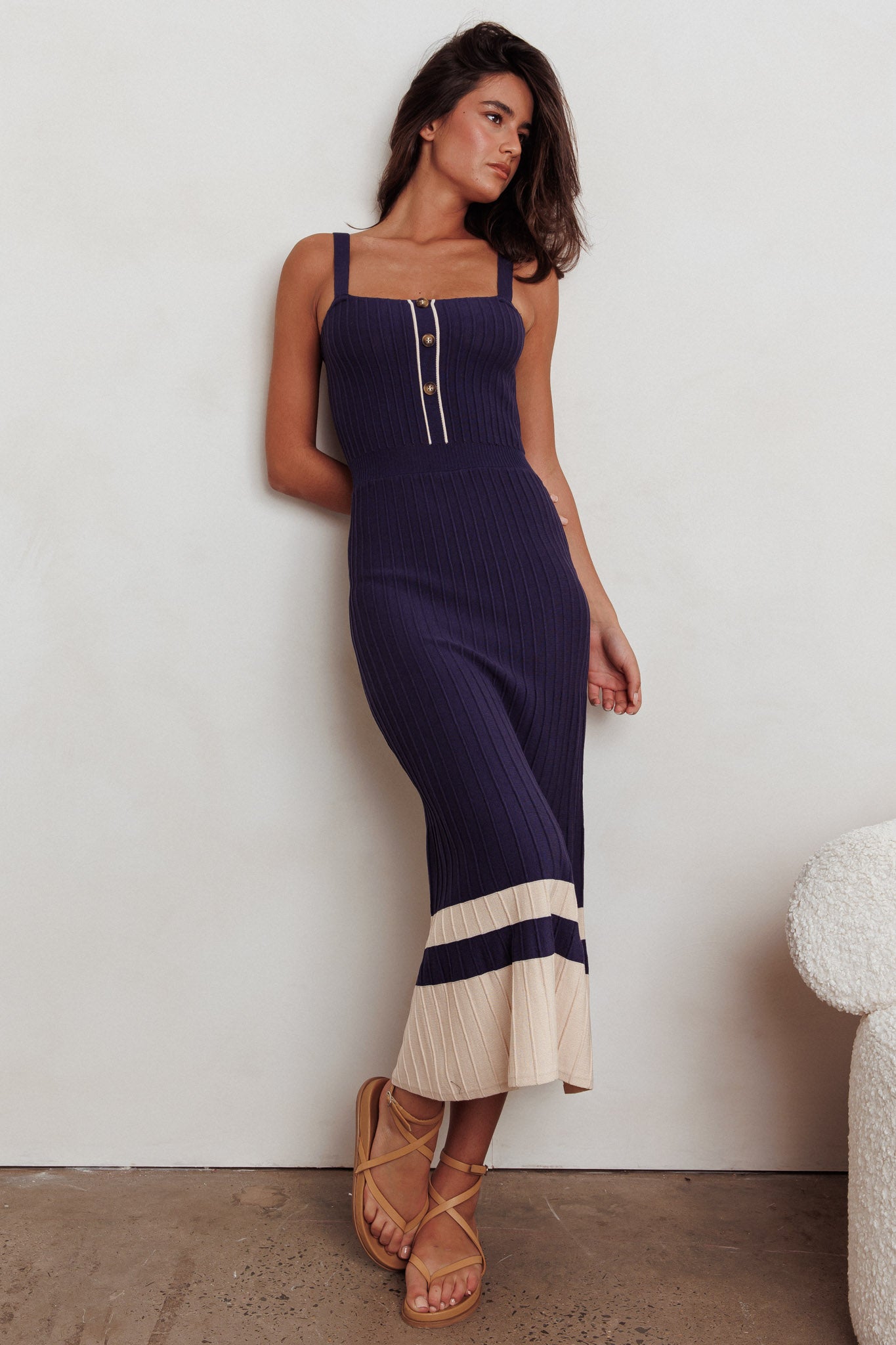 Cayla Contrast Ribbed Knit Maxi Dress Navy by Selfie Leslie Australia