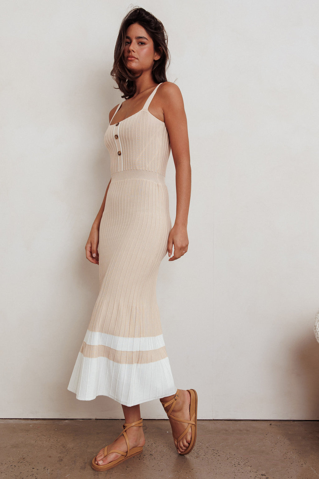 Cayla Contrast Ribbed Knit Maxi Dress Sand by Selfie Leslie Australia
