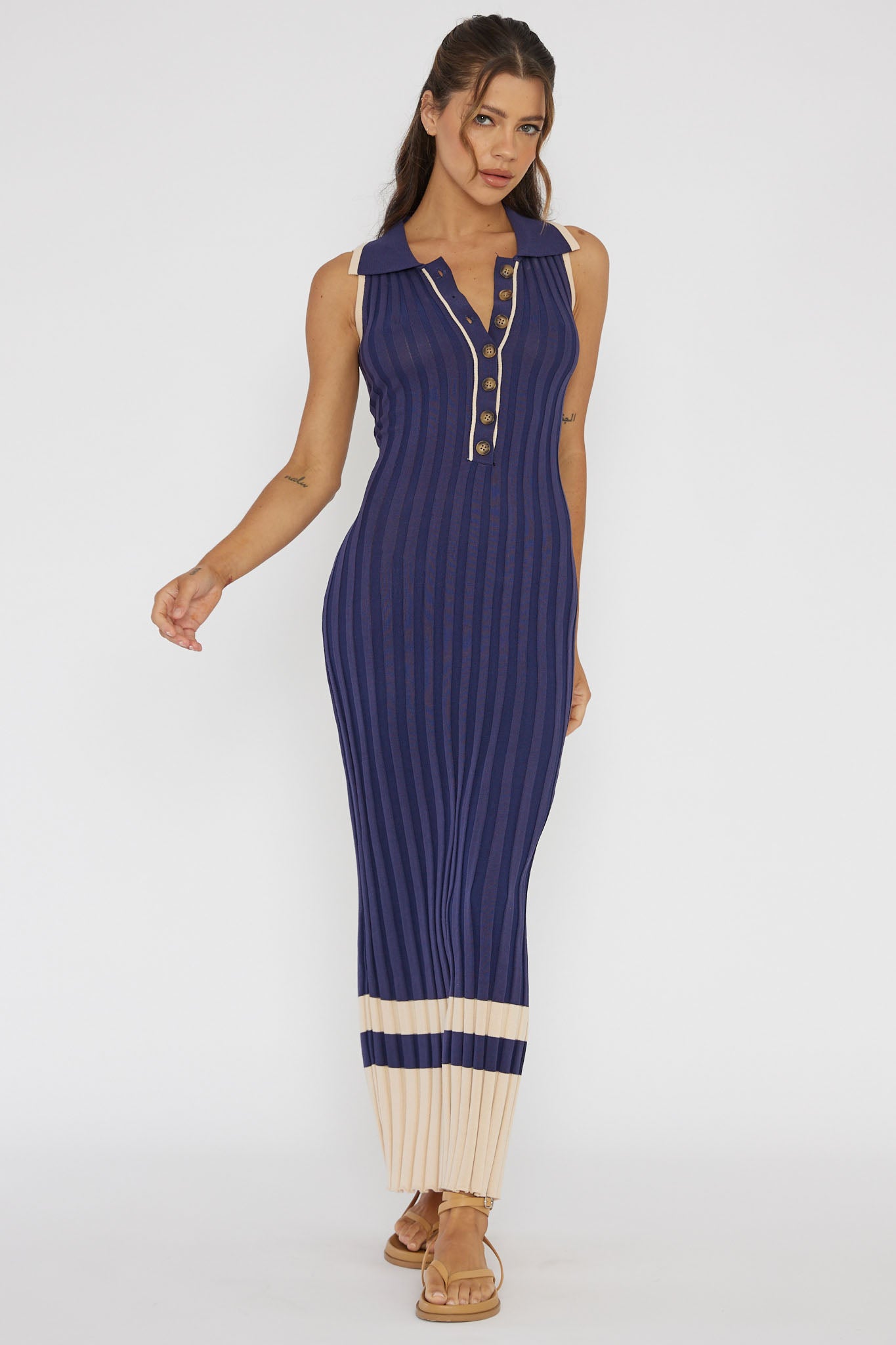 Cayla Button-Up Ribbed Knit Dress Navy by Selfie Leslie Australia