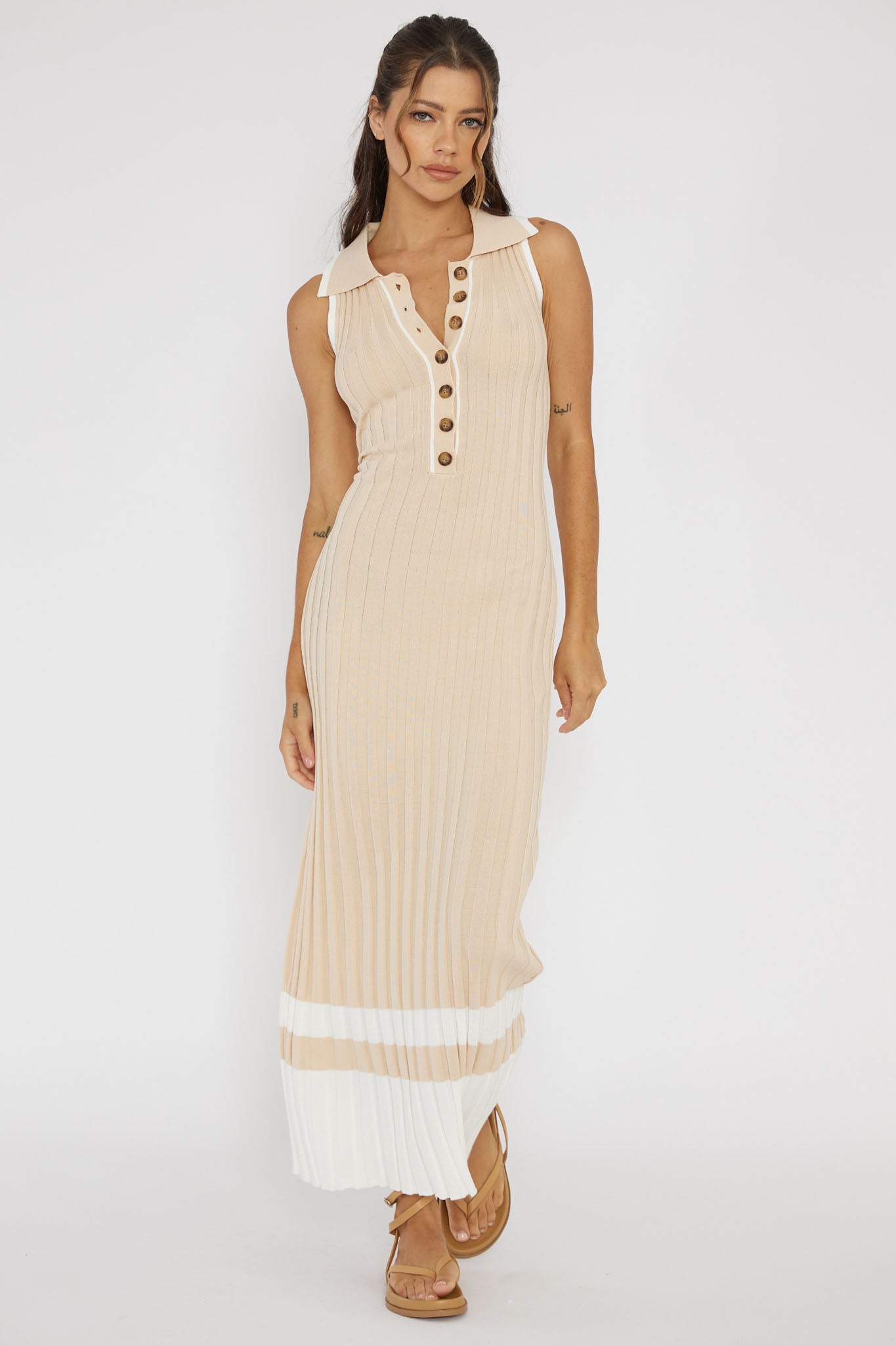 Cayla Button-Up Ribbed Knit Dress Sand by Selfie Leslie Australia