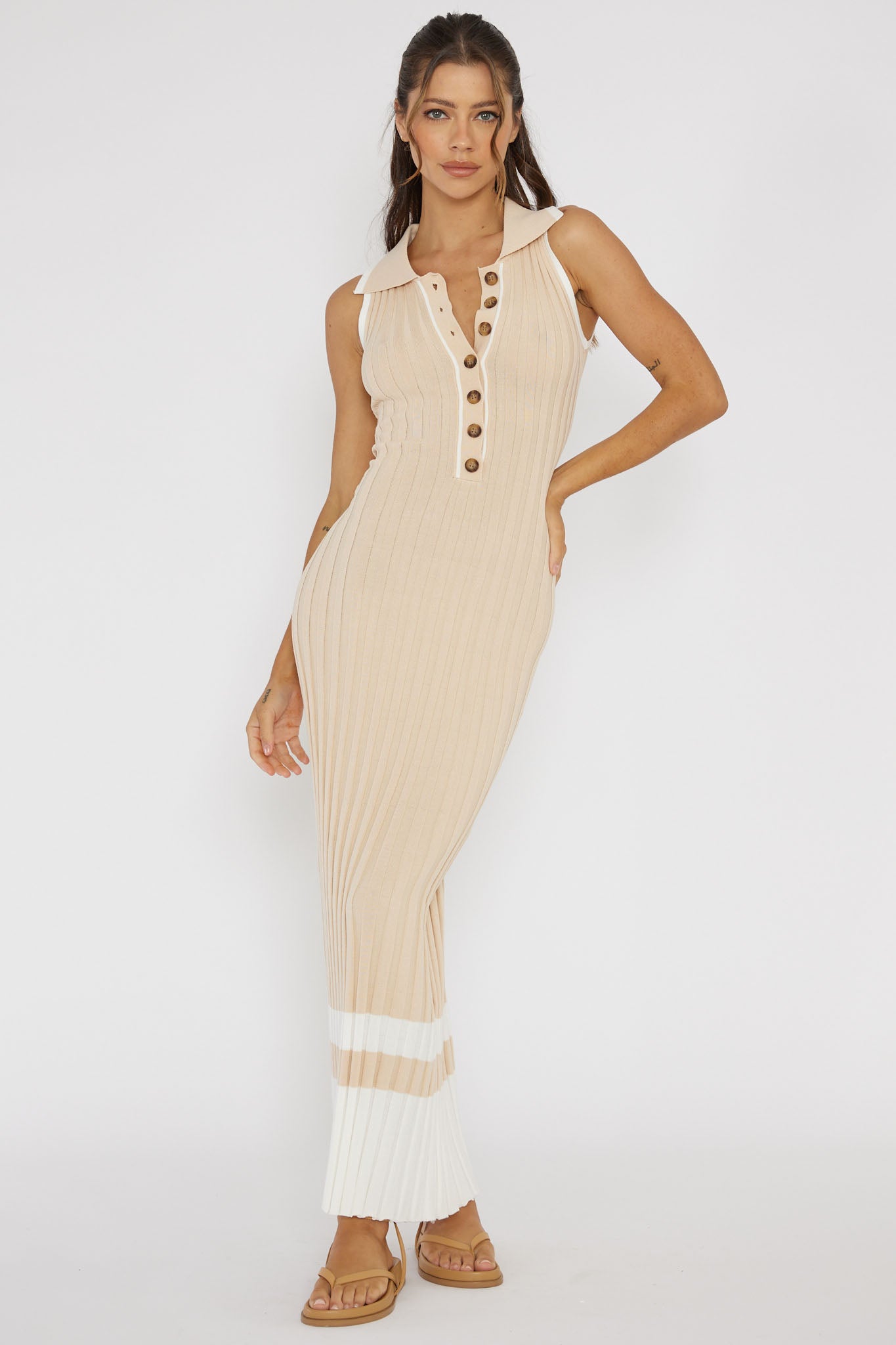 Cayla Button-Up Ribbed Knit Dress Sand by Selfie Leslie Australia