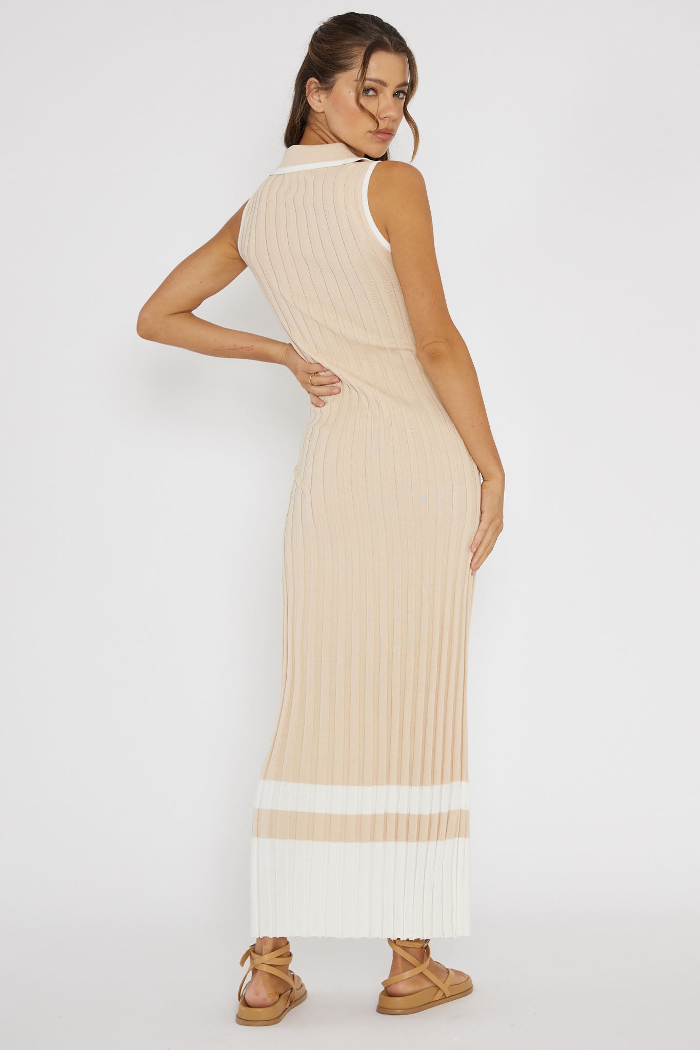 Cayla Button-Up Ribbed Knit Dress Sand by Selfie Leslie Australia
