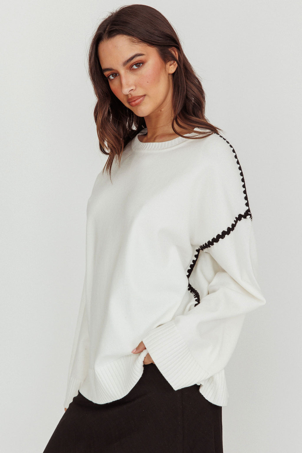 Guardian Contrast Knit Sweater Off White by Selfie Leslie Australia