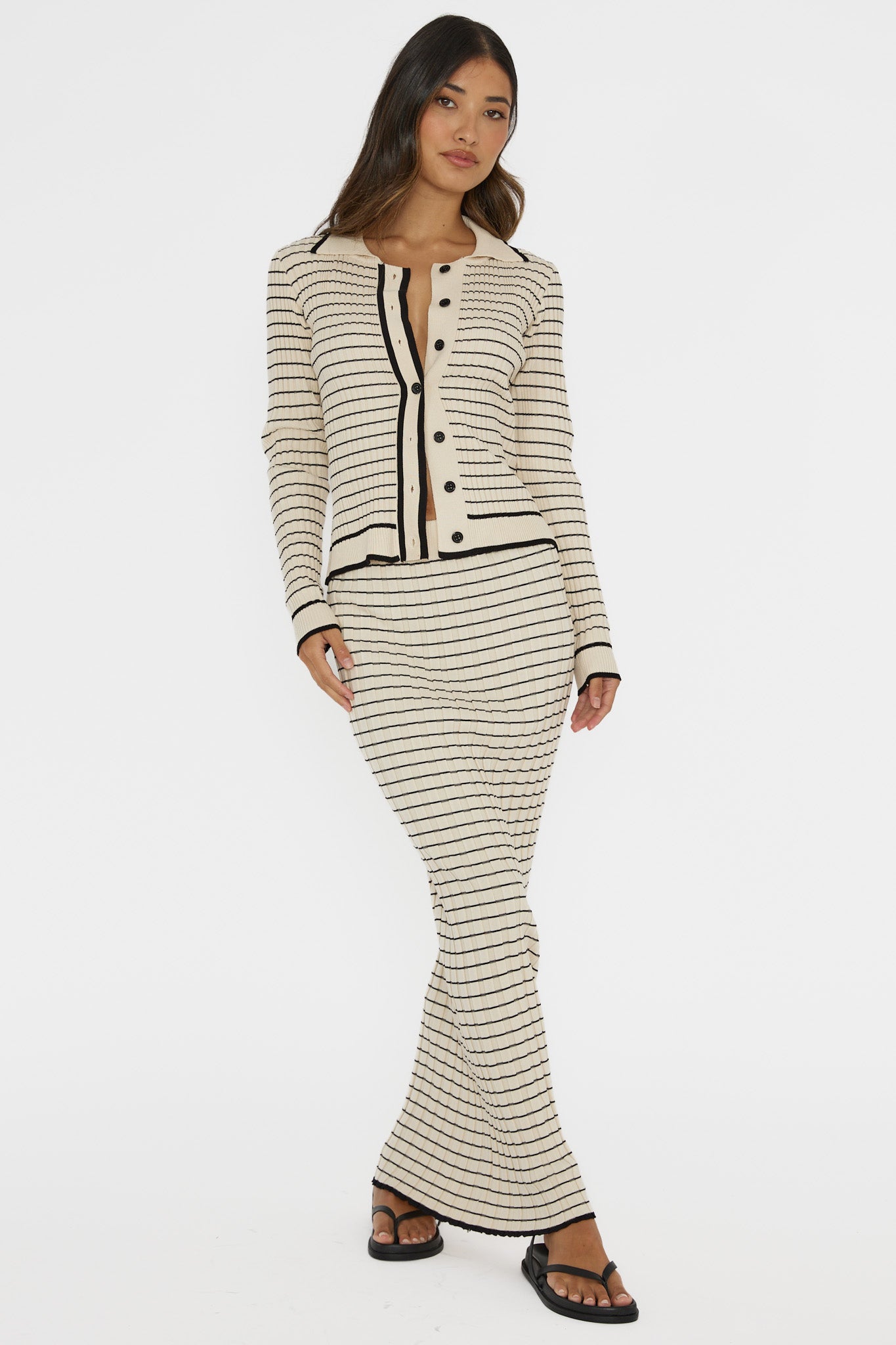 Solar Flare Ribbed Knit Maxi Skirt Stripe Oat by Selfie Leslie Australia