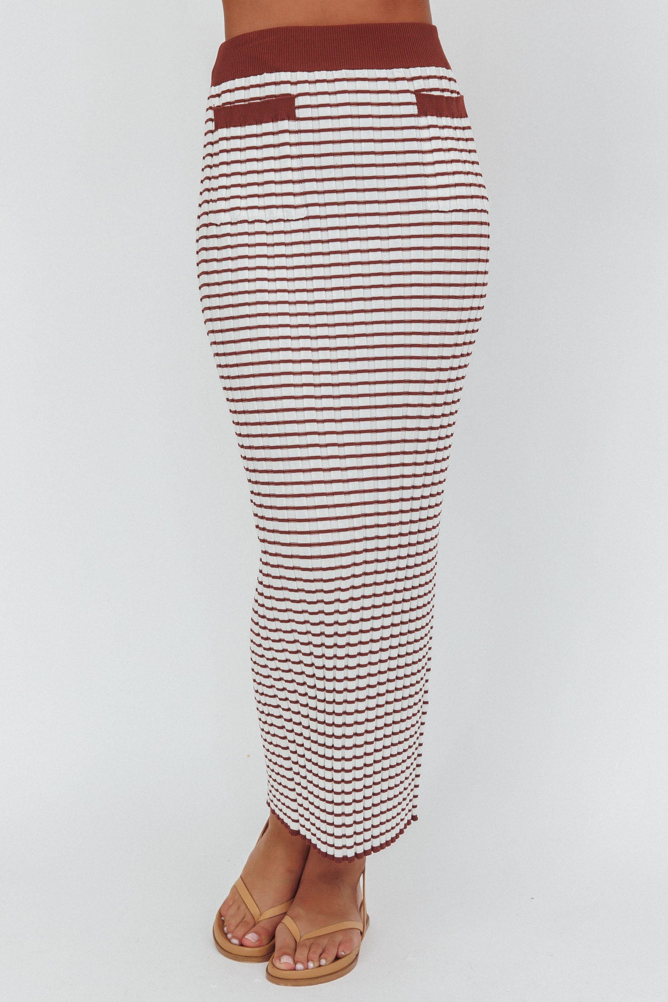 Solar Flare Knit Pocket Maxi Skirt Stripe Brown/Oat by Selfie Leslie Australia