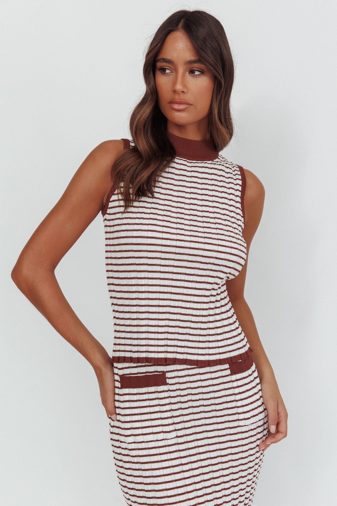 Solar Flare Sleeveless Mock Neck Top Stripe Brown/White by Selfie Leslie Australia
