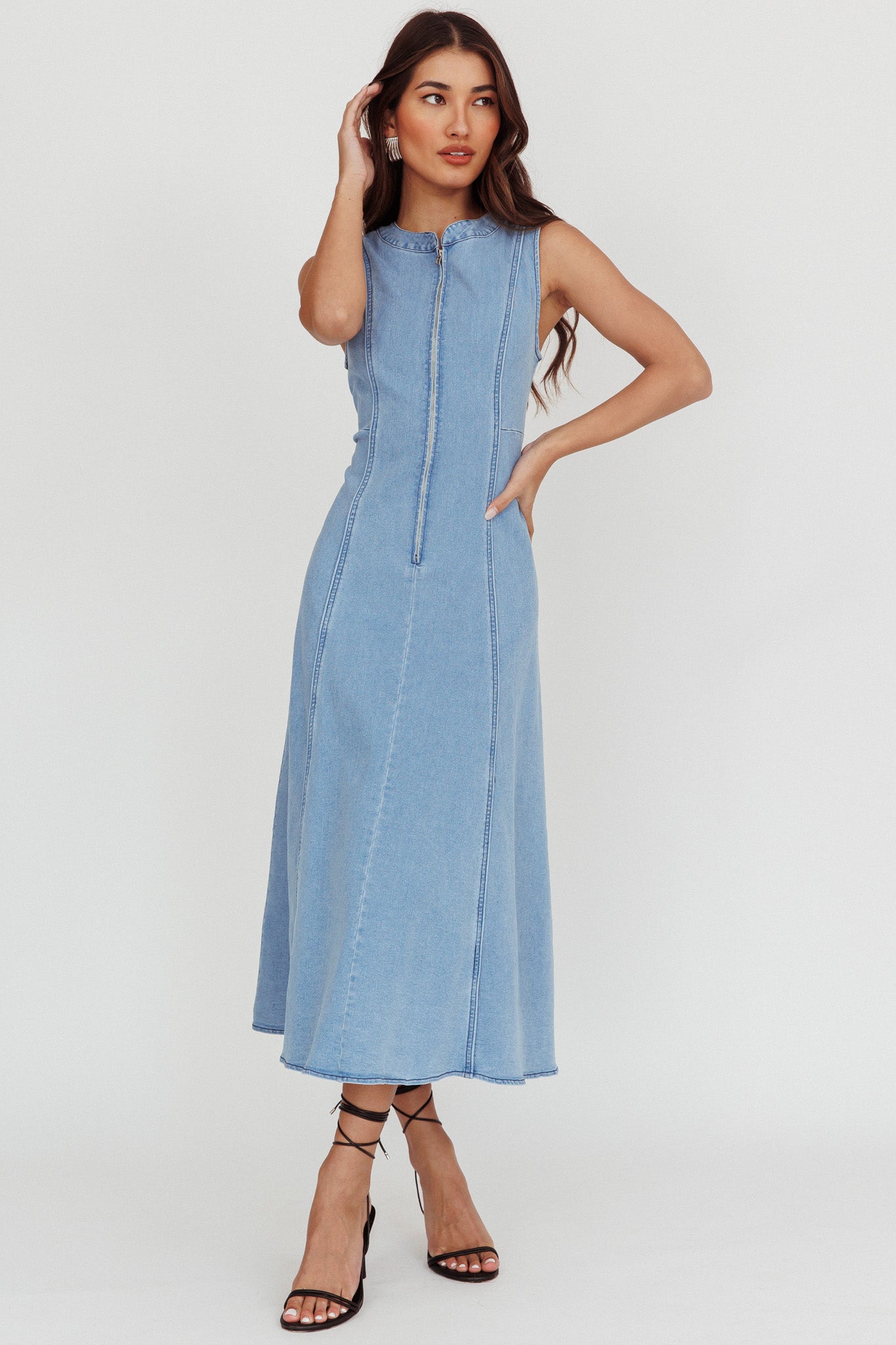 Shop the Passionate Flame Sleeveless A-line Midi Dress Denim Blue