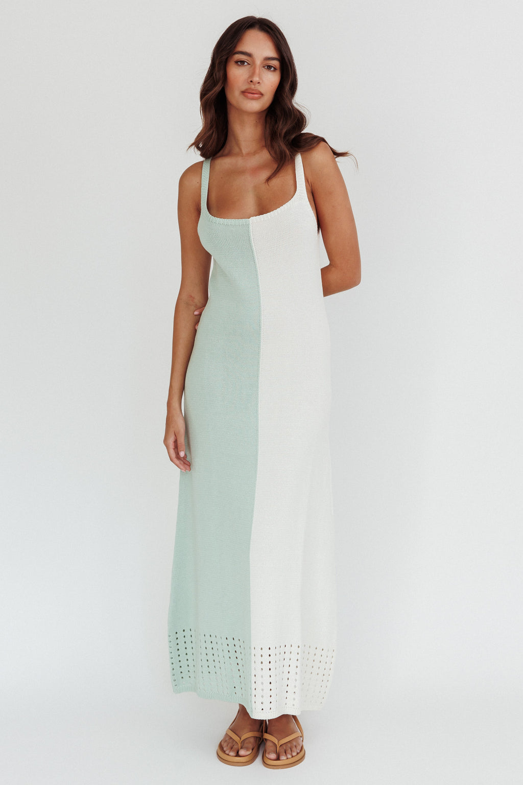 Sunday Fun Day Knit Maxi Dress Sage Cream by Selfie Leslie Australia