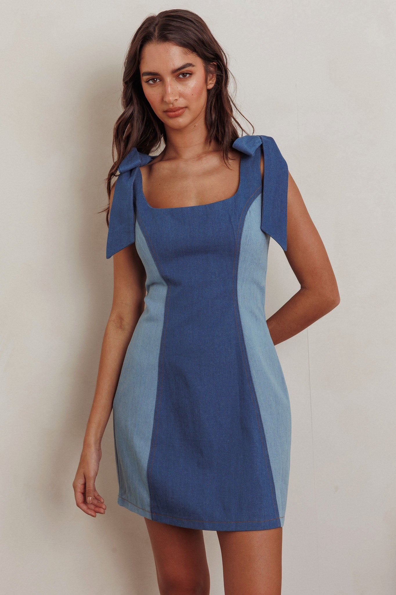 Kiss City Tied Shoulders Contrast Mini Dress Denim by Selfie Leslie Australia