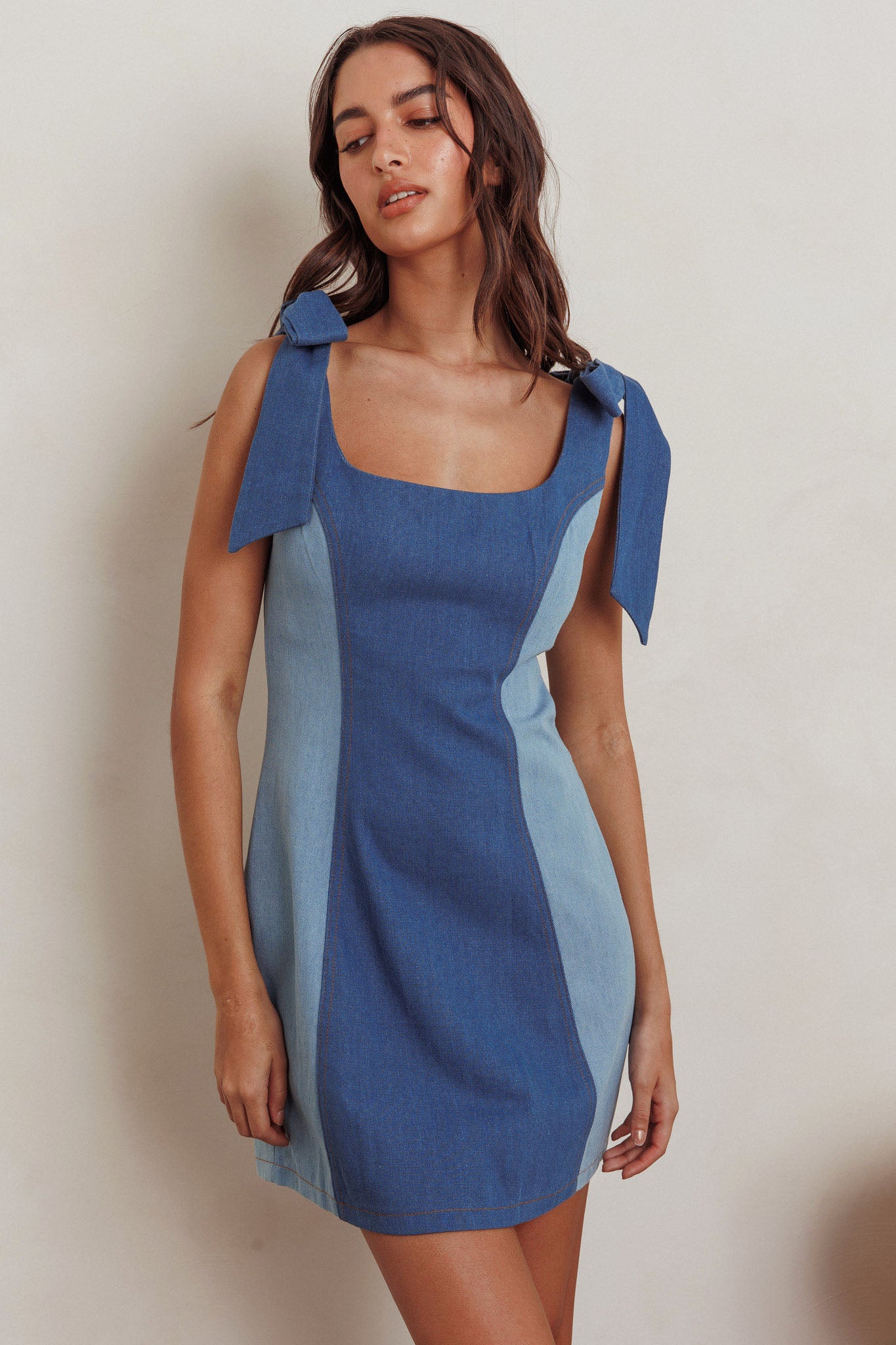 Kiss City Tied Shoulders Contrast Mini Dress Denim by Selfie Leslie Australia