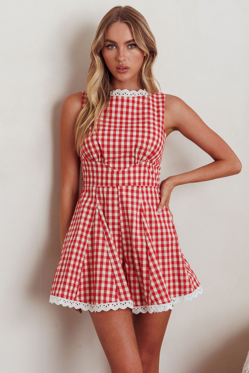 Loving Me Sleeveless Romper Gingham Red by Selfie Leslie Australia
