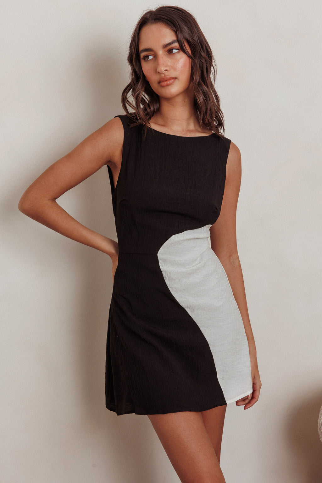Loving Me Sleeveless A-line Mini Dress Black/Sand by Selfie Leslie Australia