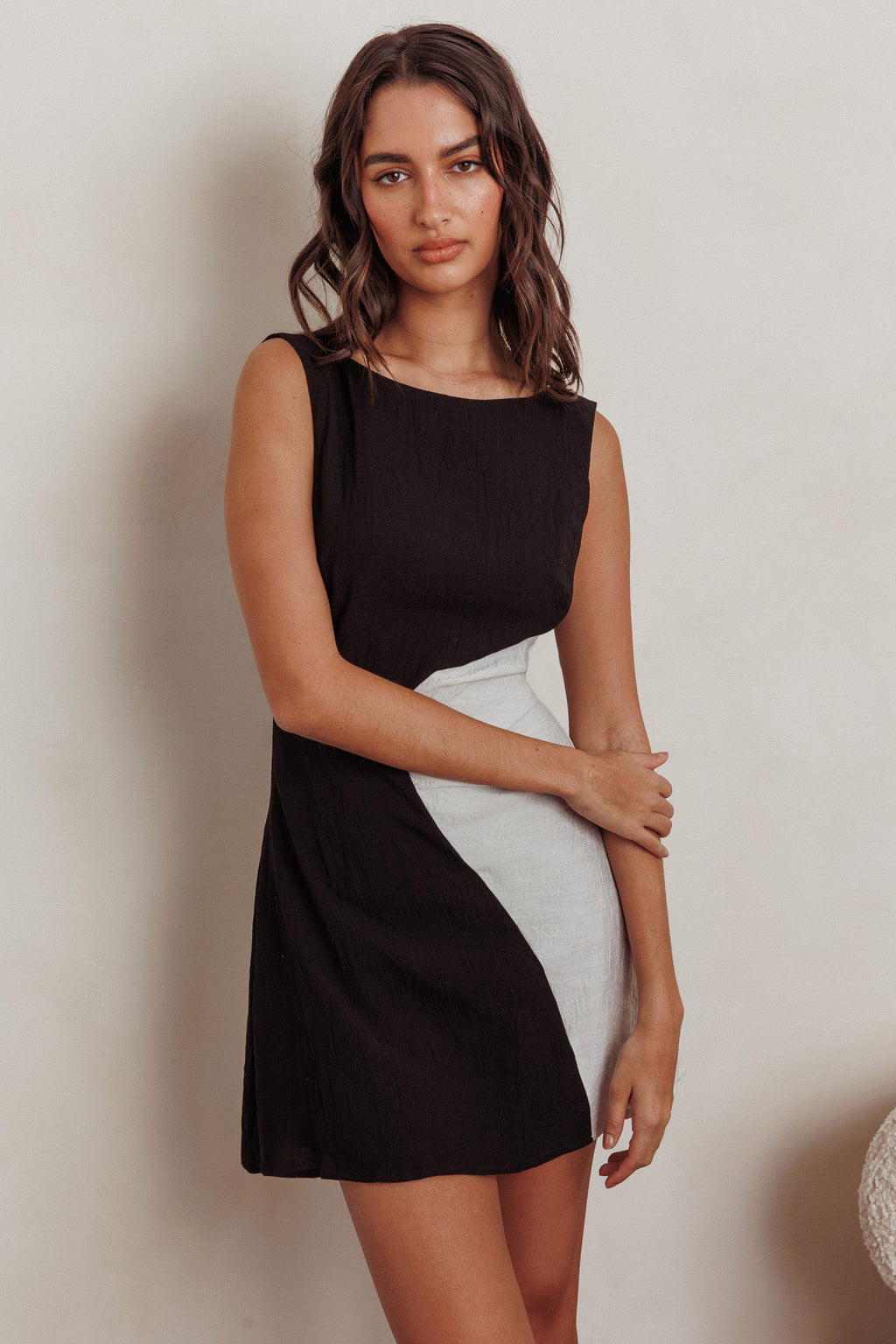 Loving Me Sleeveless A-line Mini Dress Black/Sand by Selfie Leslie Australia