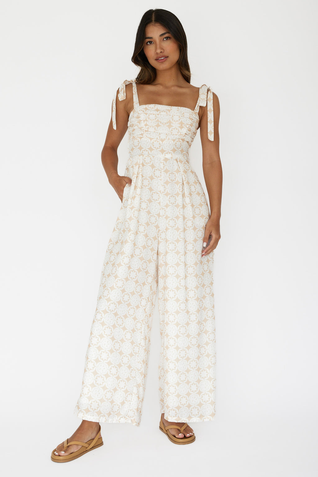 Kersty Tied Shoulder Jumpsuit Beige by Selfie Leslie Australia
