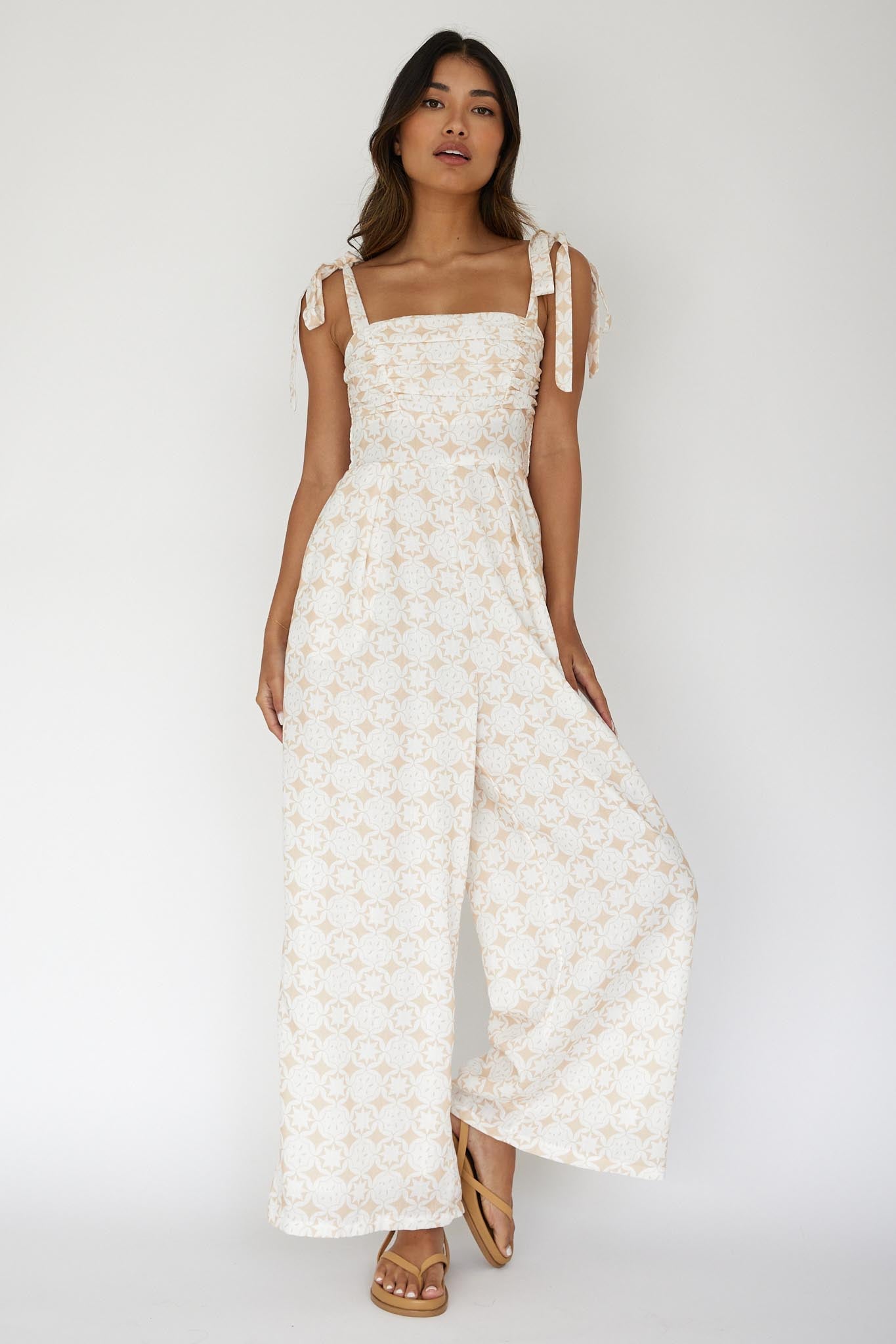 Kersty Tied Shoulder Jumpsuit Beige by Selfie Leslie Australia