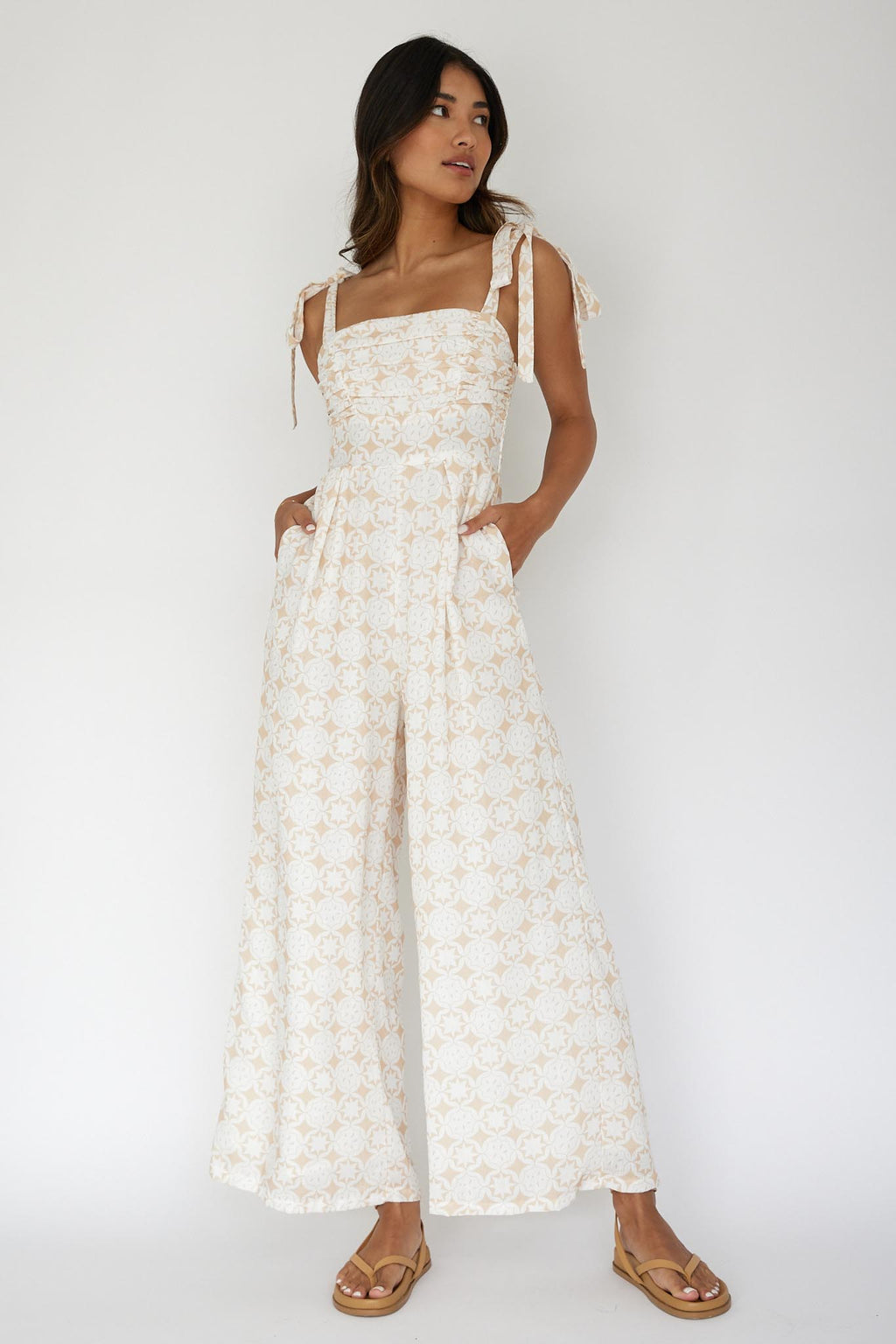 Kersty Tied Shoulder Jumpsuit Beige by Selfie Leslie Australia