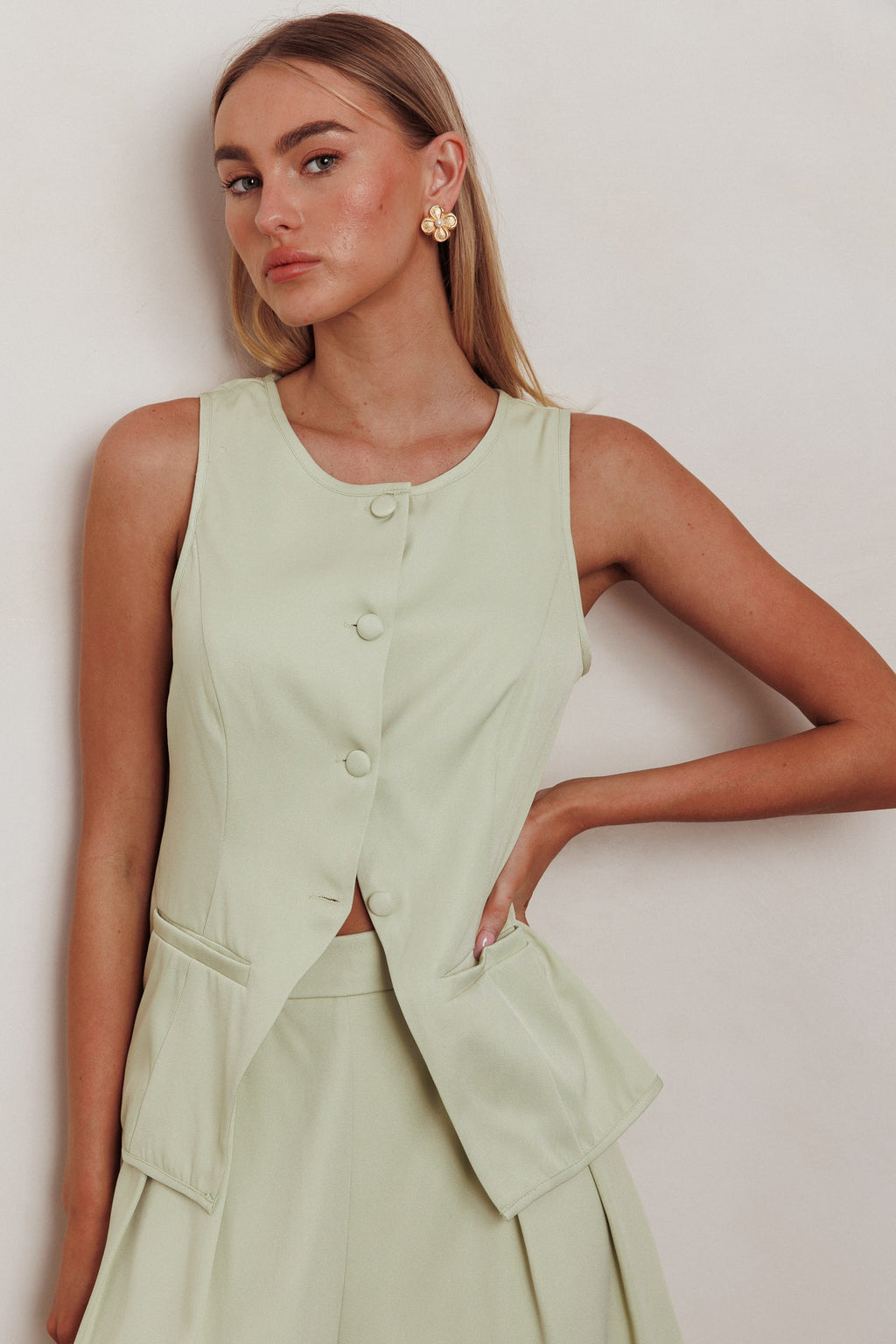 Janna Sleeveless Buttoned Top Sage by Selfie Leslie Australia