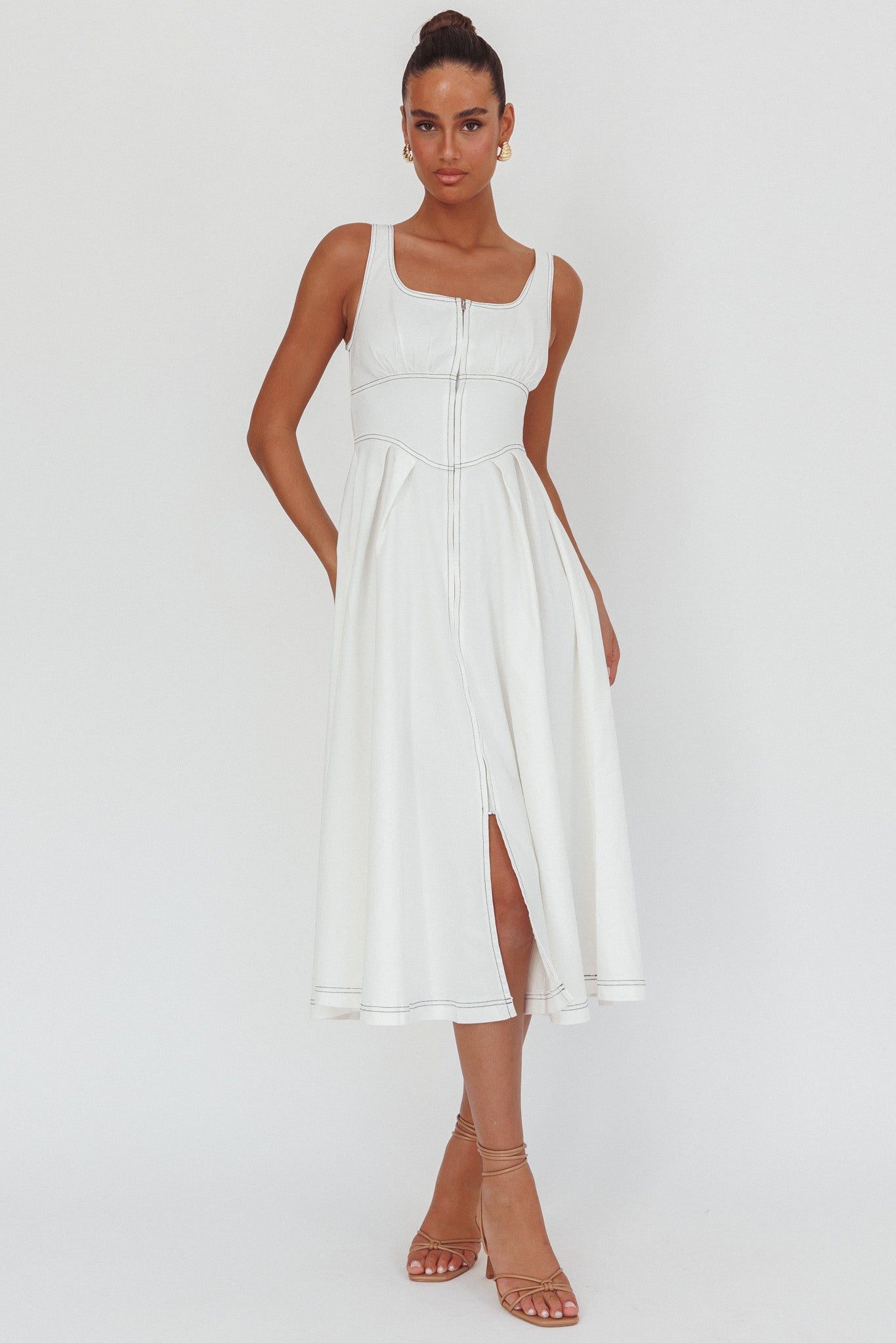 Leeli Zipper Front Midi Dress White | Selfie Leslie Australia