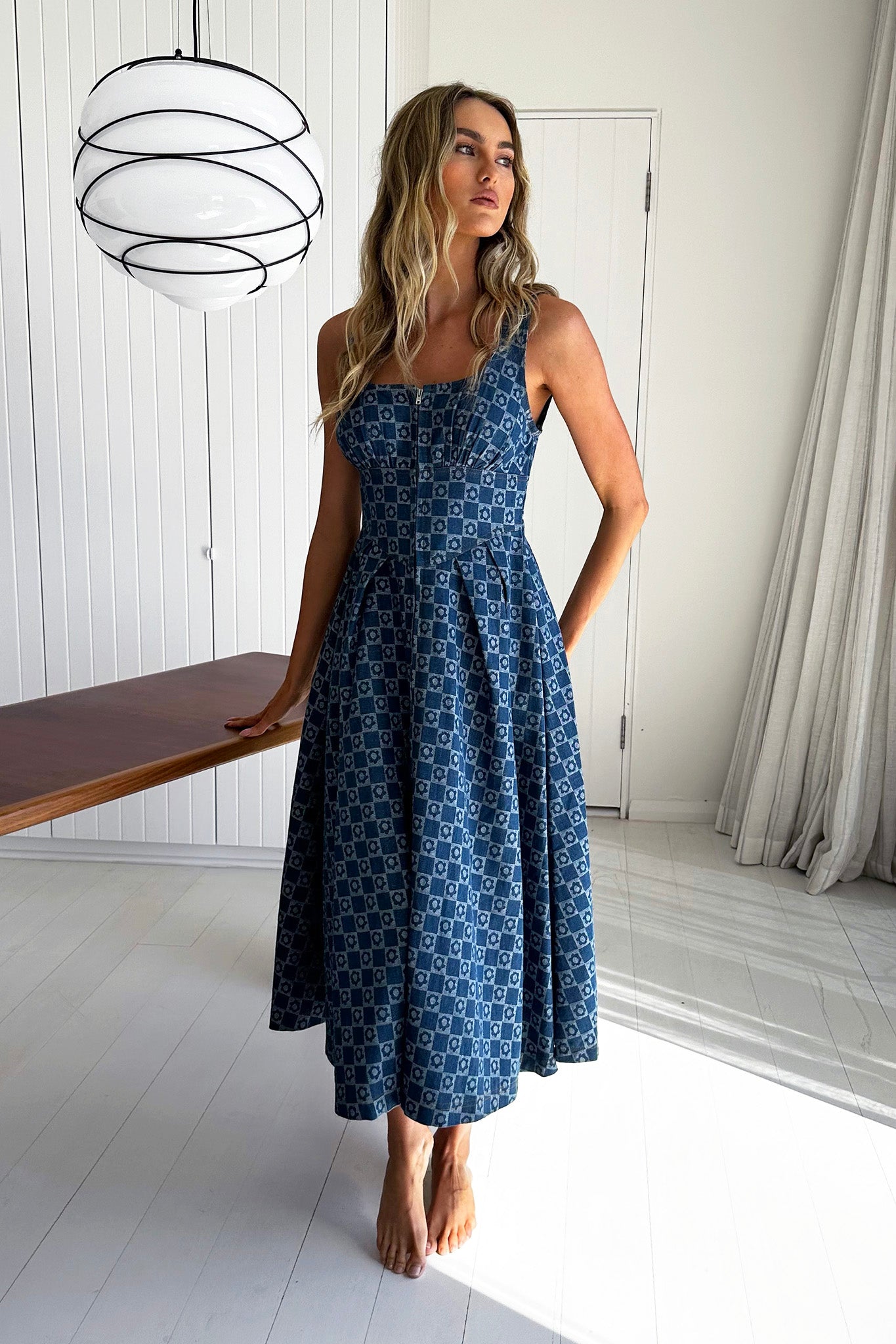Hair Down Square Neck A-Line Midi Dress Floral Denim by Selfie Leslie Australia