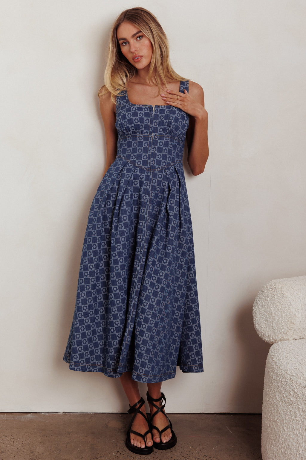 Hair Down Square Neck A-Line Midi Dress Floral Denim by Selfie Leslie Australia
