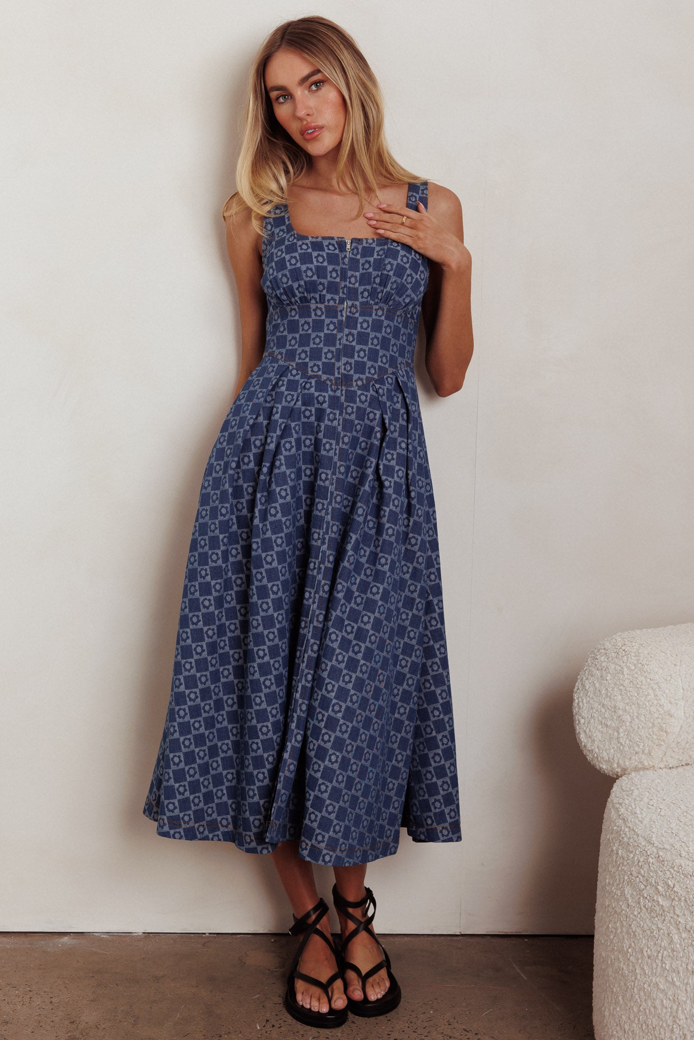 Hair Down Square Neck A-Line Midi Dress Floral Denim by Selfie Leslie Australia