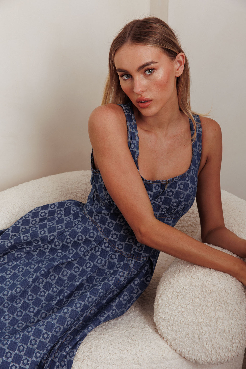 Hair Down Square Neck A-Line Midi Dress Floral Denim by Selfie Leslie Australia