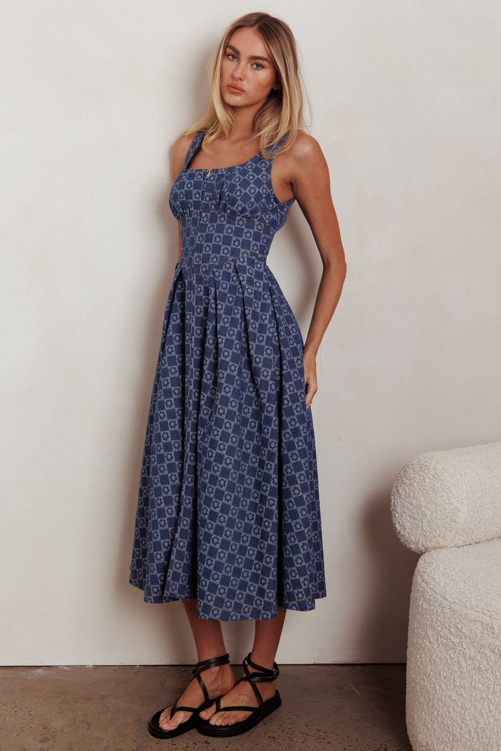Hair Down Square Neck A-Line Midi Dress Floral Denim by Selfie Leslie Australia