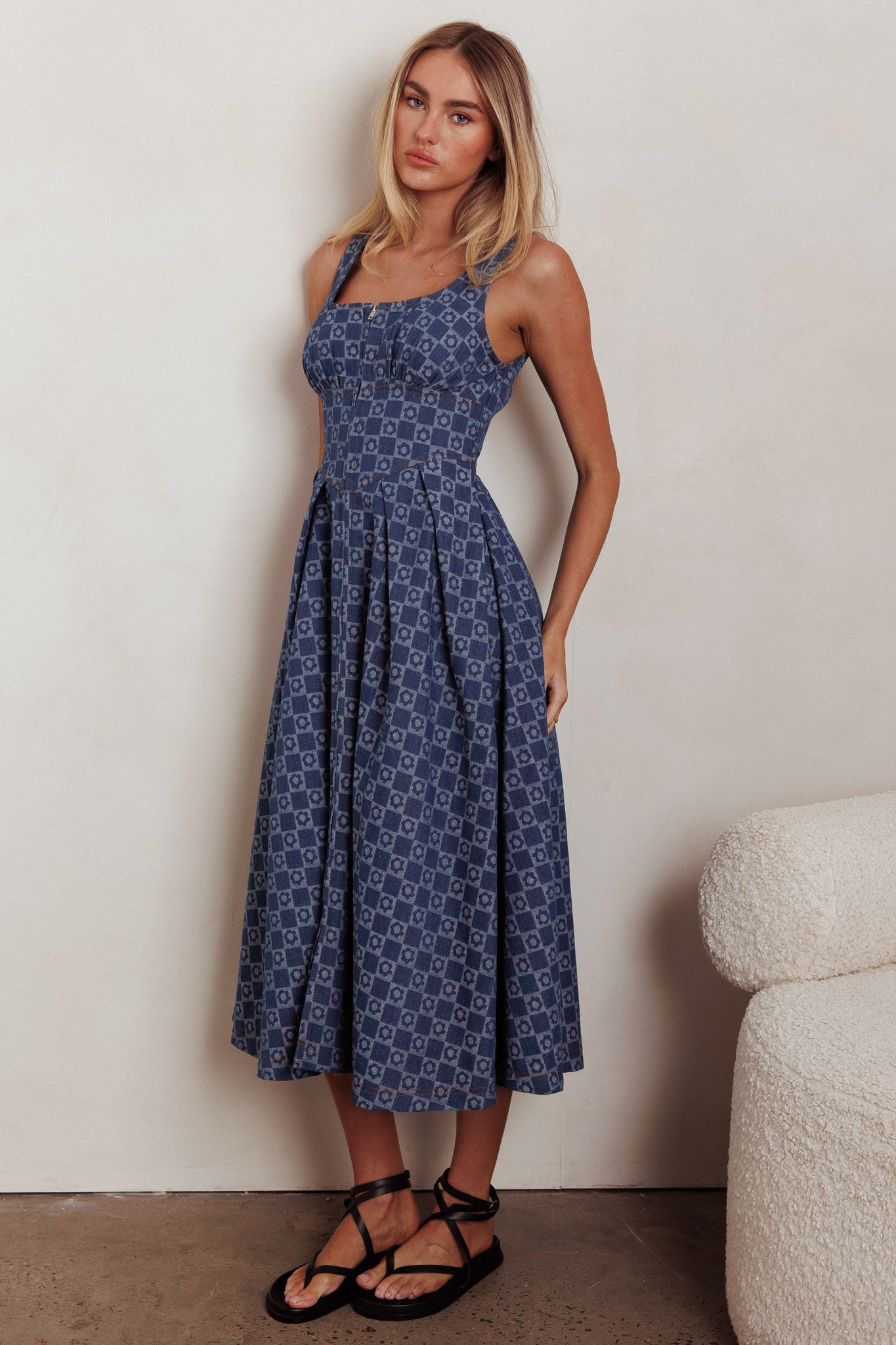 Hair Down Square Neck A-Line Midi Dress Floral Denim by Selfie Leslie Australia