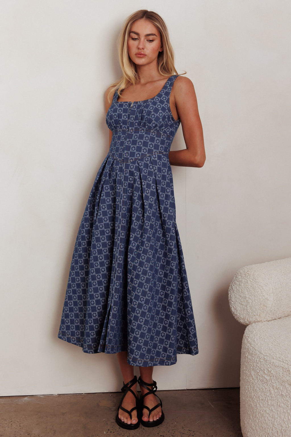 Hair Down Square Neck A-Line Midi Dress Floral Denim by Selfie Leslie Australia