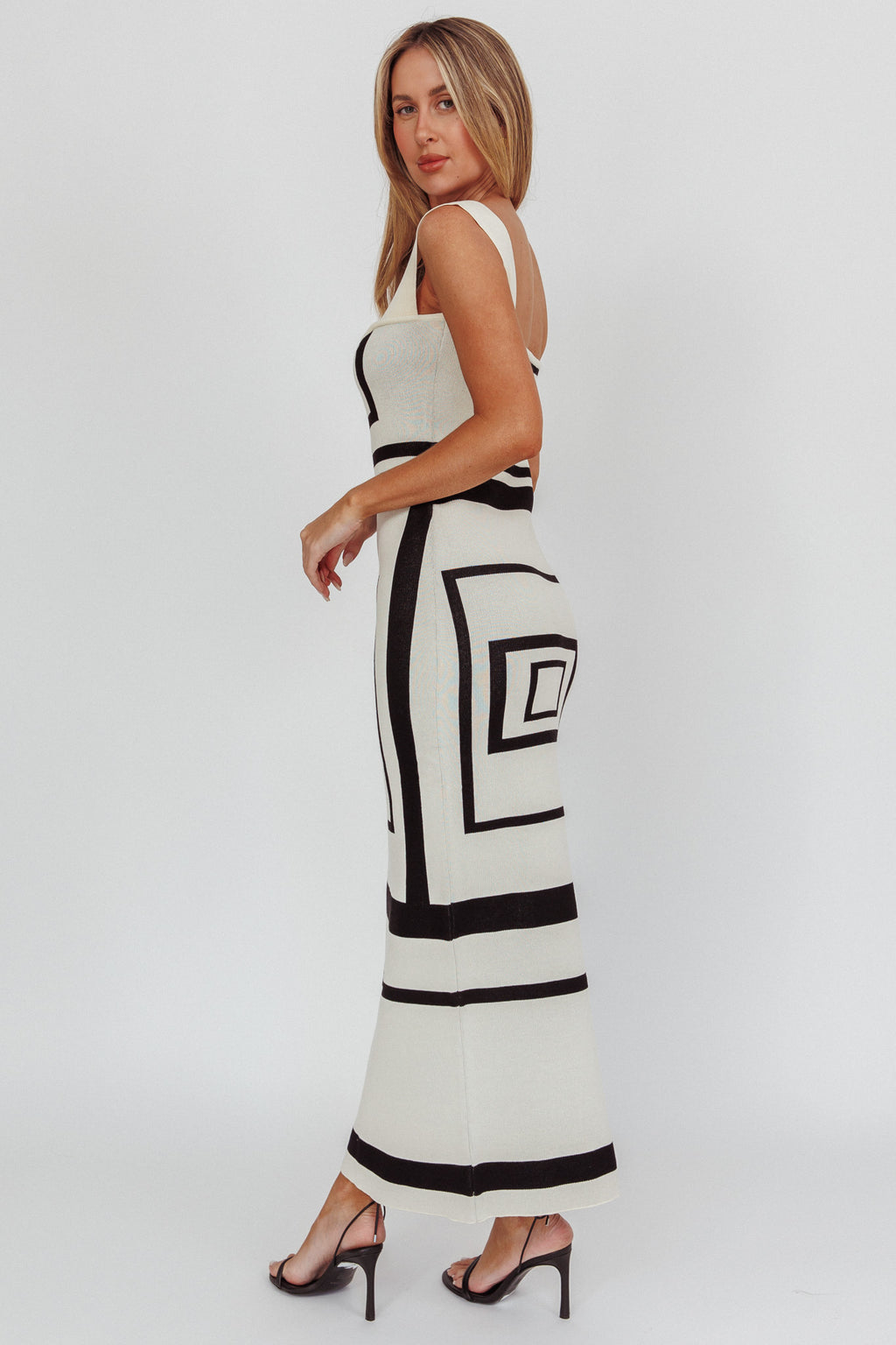 Stargazing Square Print Knit Maxi Dress Beige by Selfie Leslie Australia