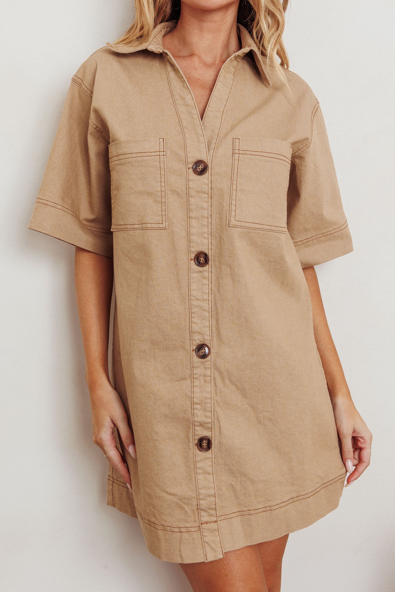 Admiration Contrast Stitching Boxy Mini Dress Beige by Selfie Leslie Australia