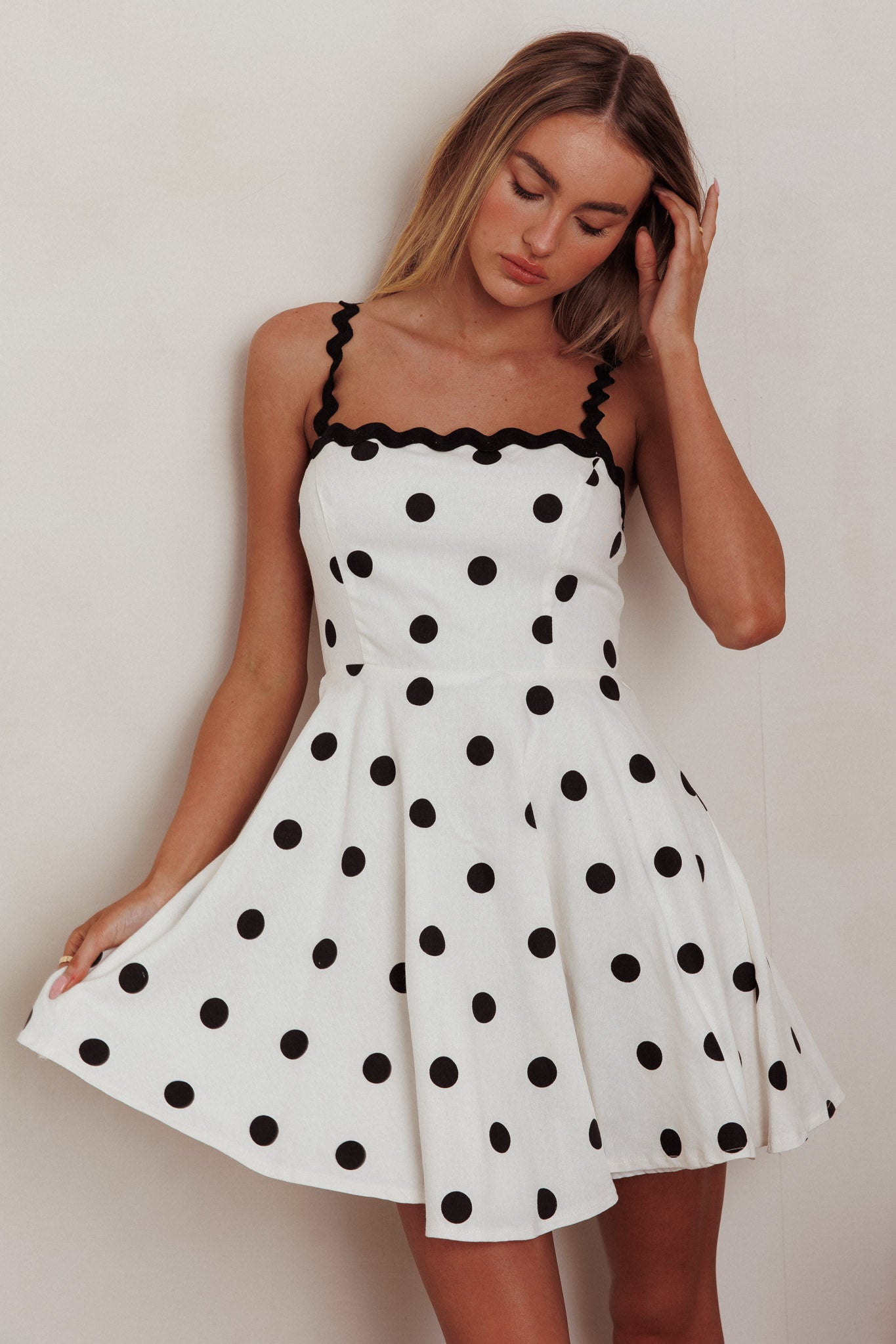 Won Me Over Polka Dot Ric Rac Mini Dress White by Selfie Leslie Australia