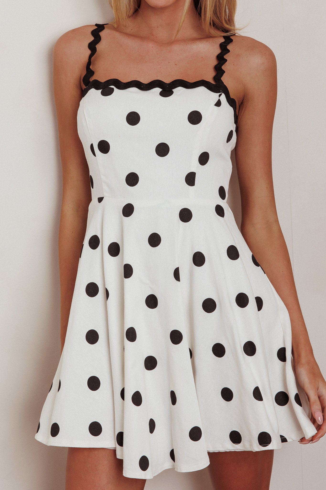 Won Me Over Polka Dot Ric Rac Mini Dress White by Selfie Leslie Australia