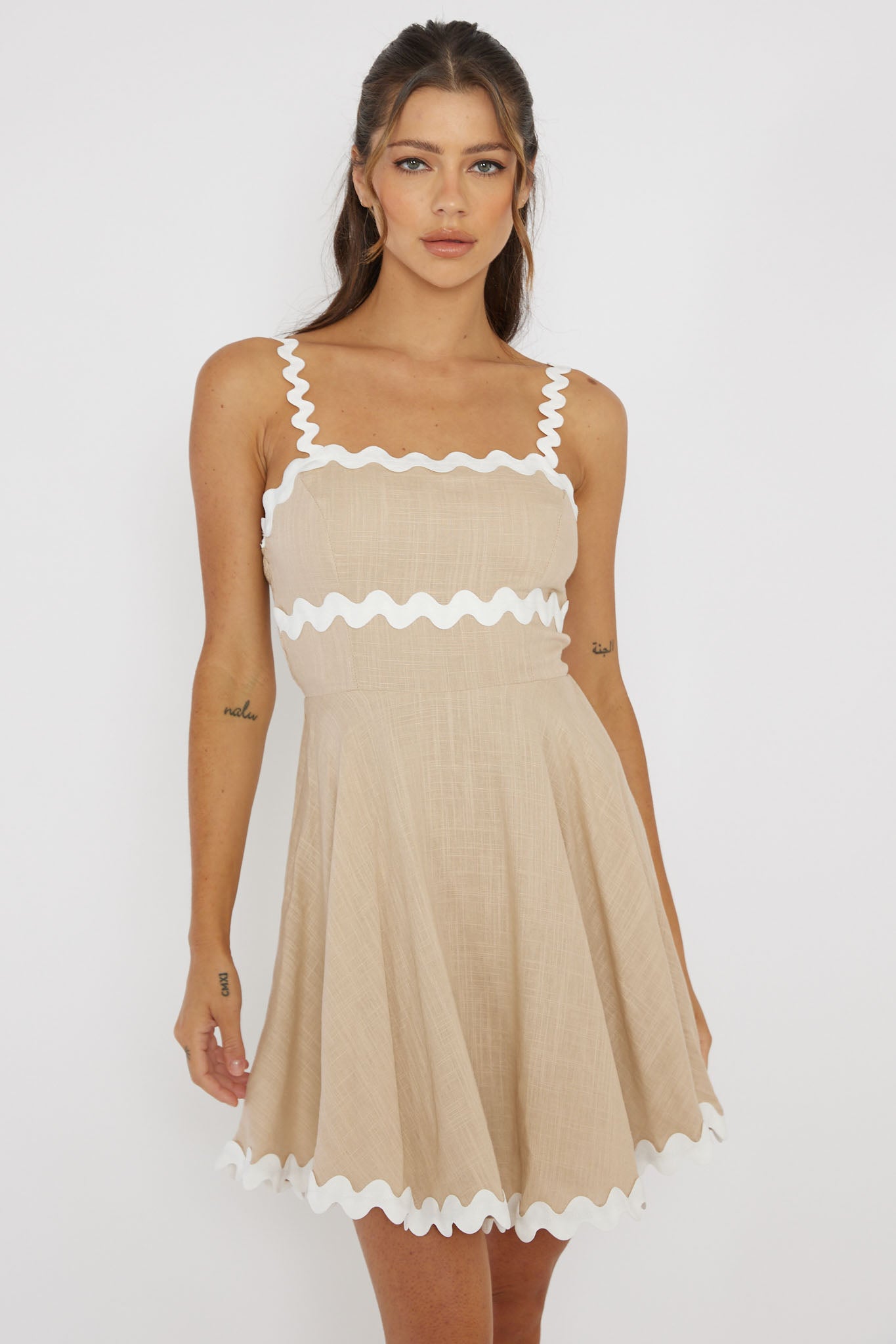 Won Me Over Ric Rac Trim Mini Dress Beige by Selfie Leslie Australia