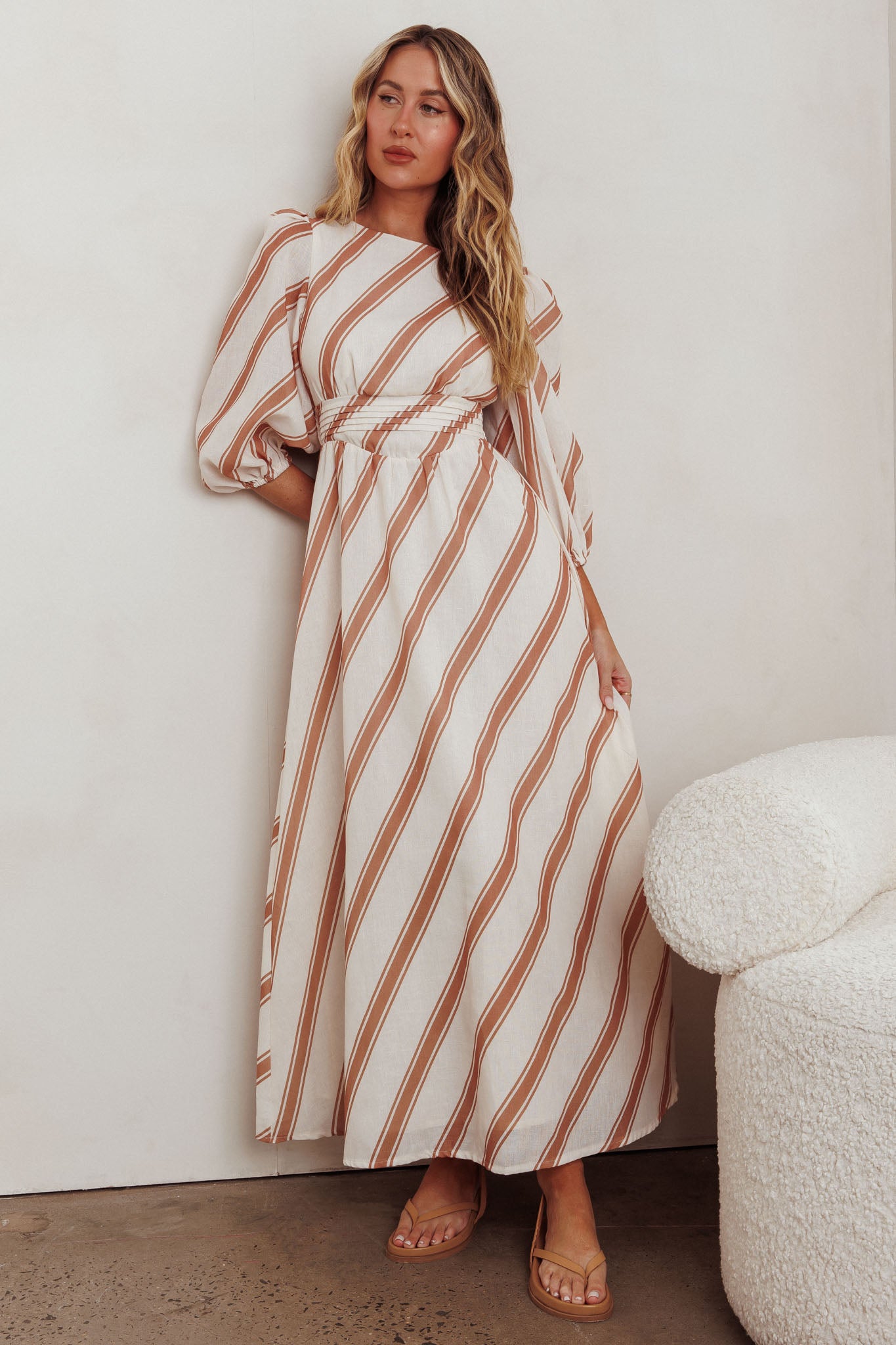 Transcendent Puff Sleeves Striped Maxi Dress Tan by Selfie Leslie Australia