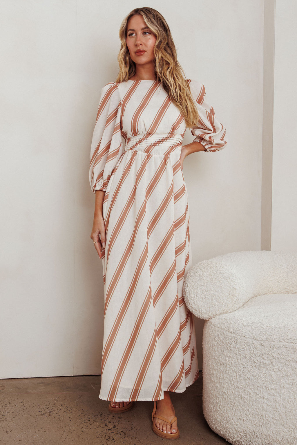 Transcendent Puff Sleeves Striped Maxi Dress Tan by Selfie Leslie Australia