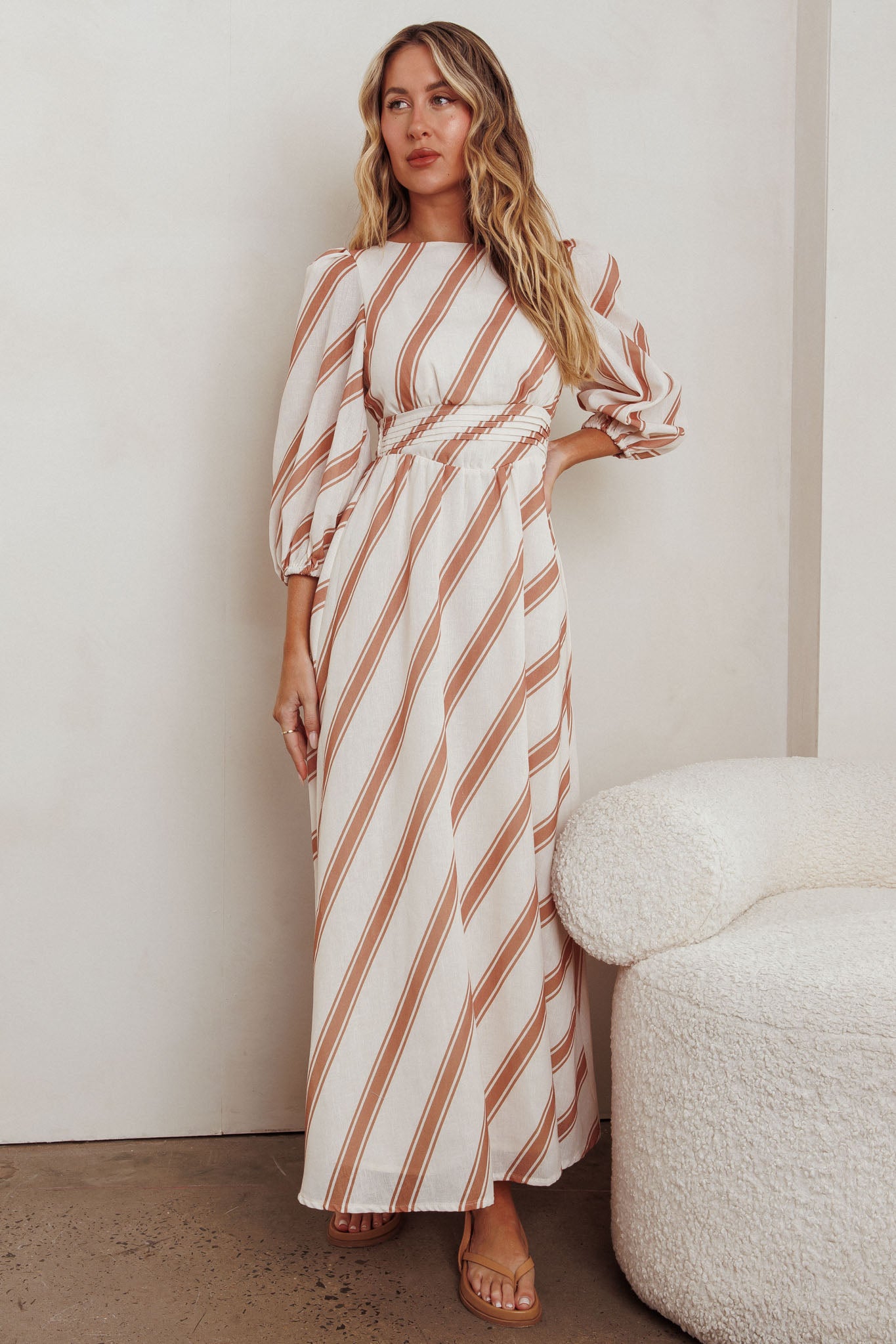 Transcendent Puff Sleeves Striped Maxi Dress Tan by Selfie Leslie Australia