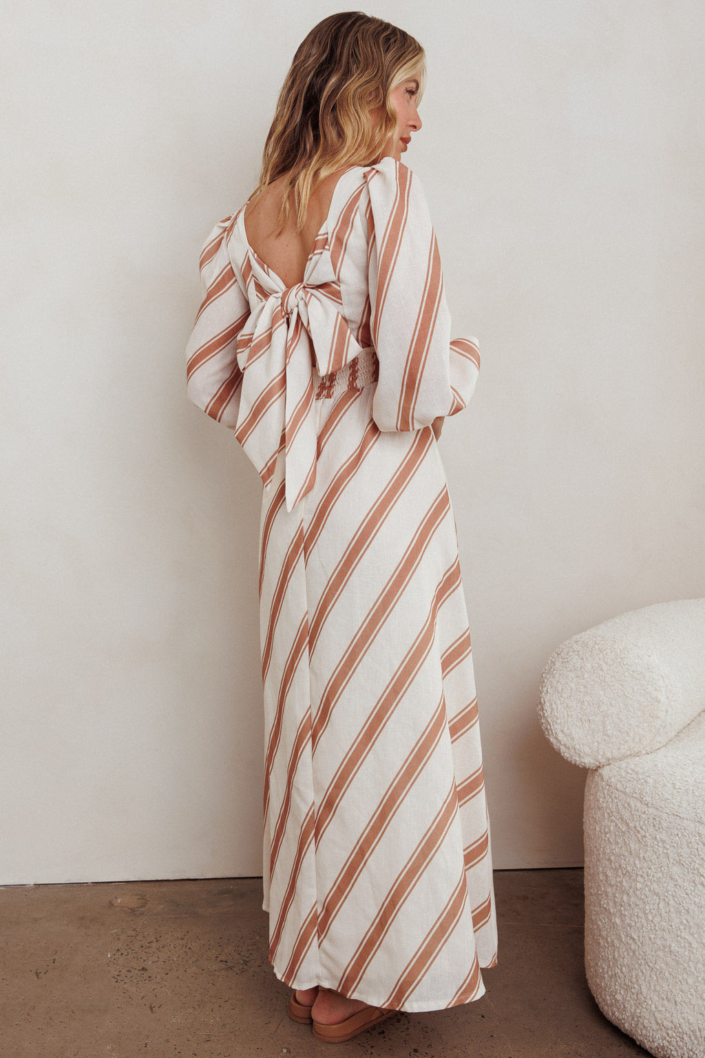 Transcendent Puff Sleeves Striped Maxi Dress Tan by Selfie Leslie Australia