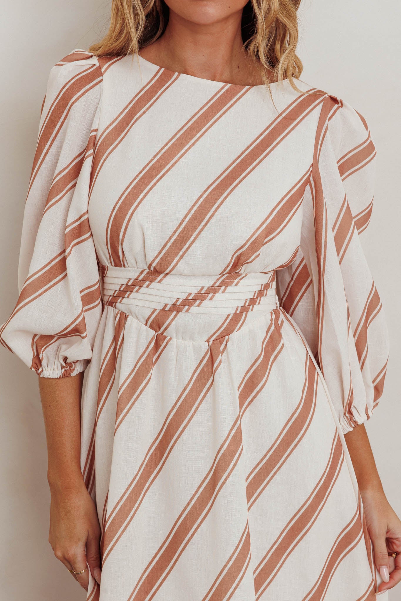 Transcendent Puff Sleeves Striped Maxi Dress Tan by Selfie Leslie Australia