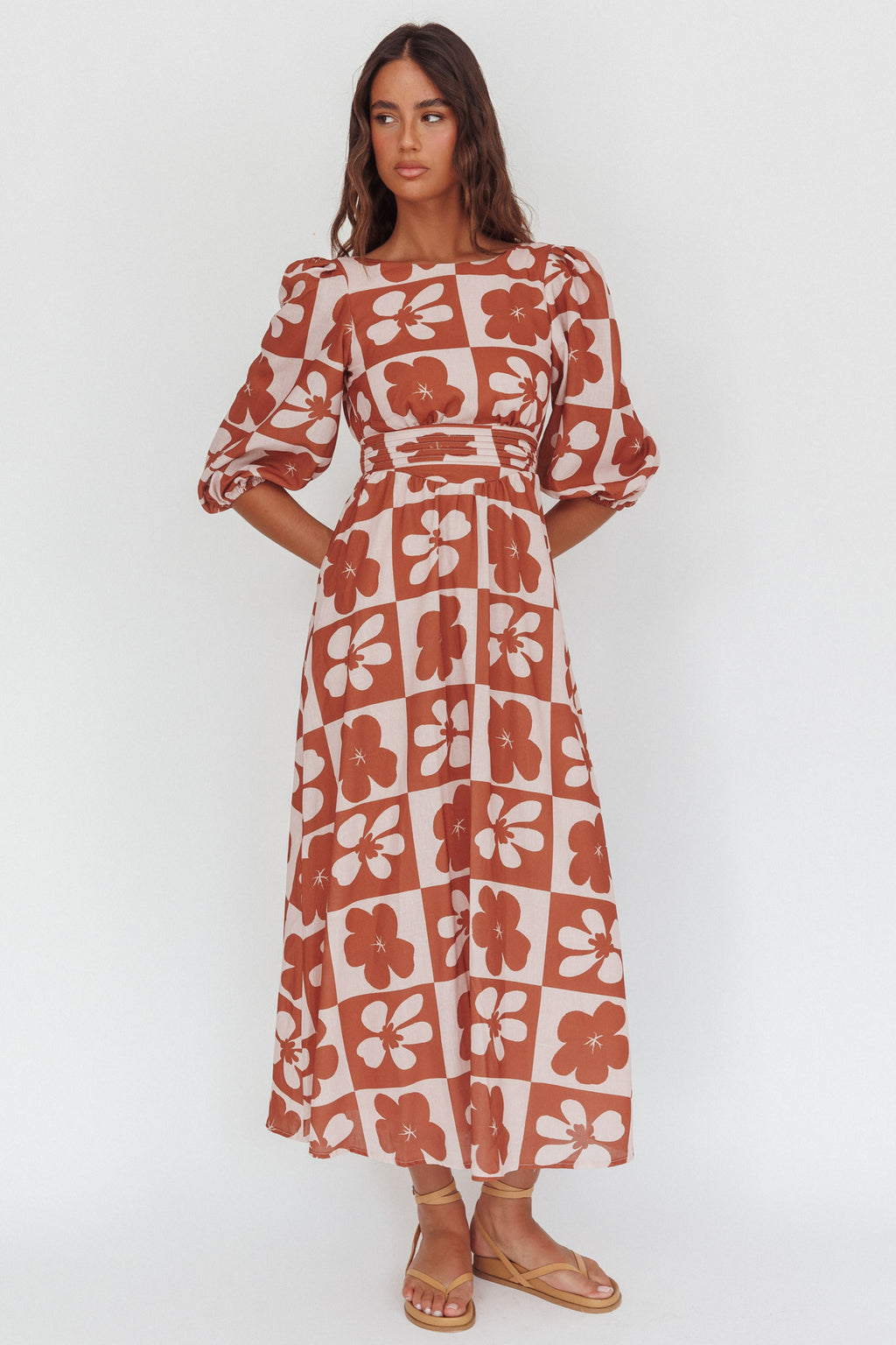 Transcendent Puff Sleeves Maxi Dress Floral Mocha by Selfie Leslie Australia