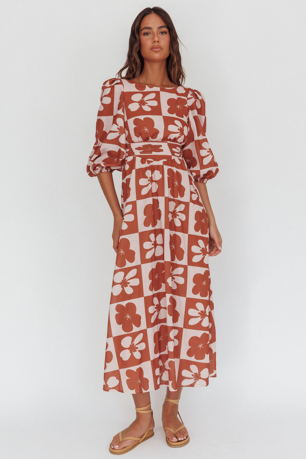Transcendent Puff Sleeves Maxi Dress Floral Mocha by Selfie Leslie Australia