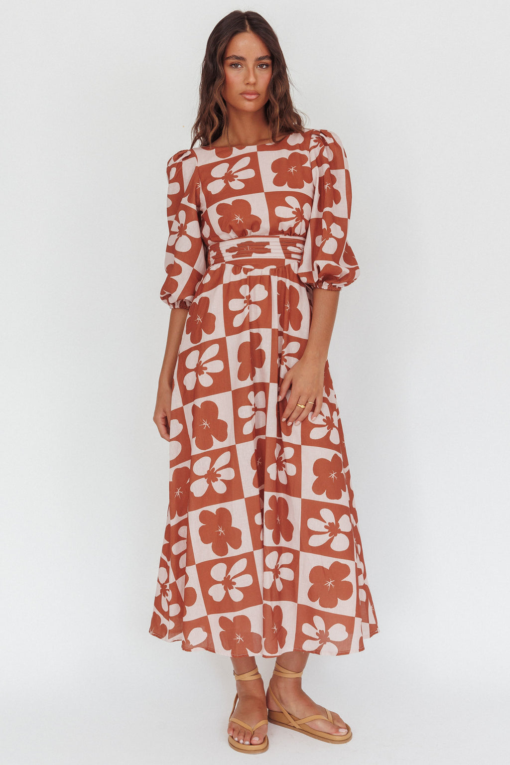 Transcendent Puff Sleeves Maxi Dress Floral Mocha by Selfie Leslie Australia