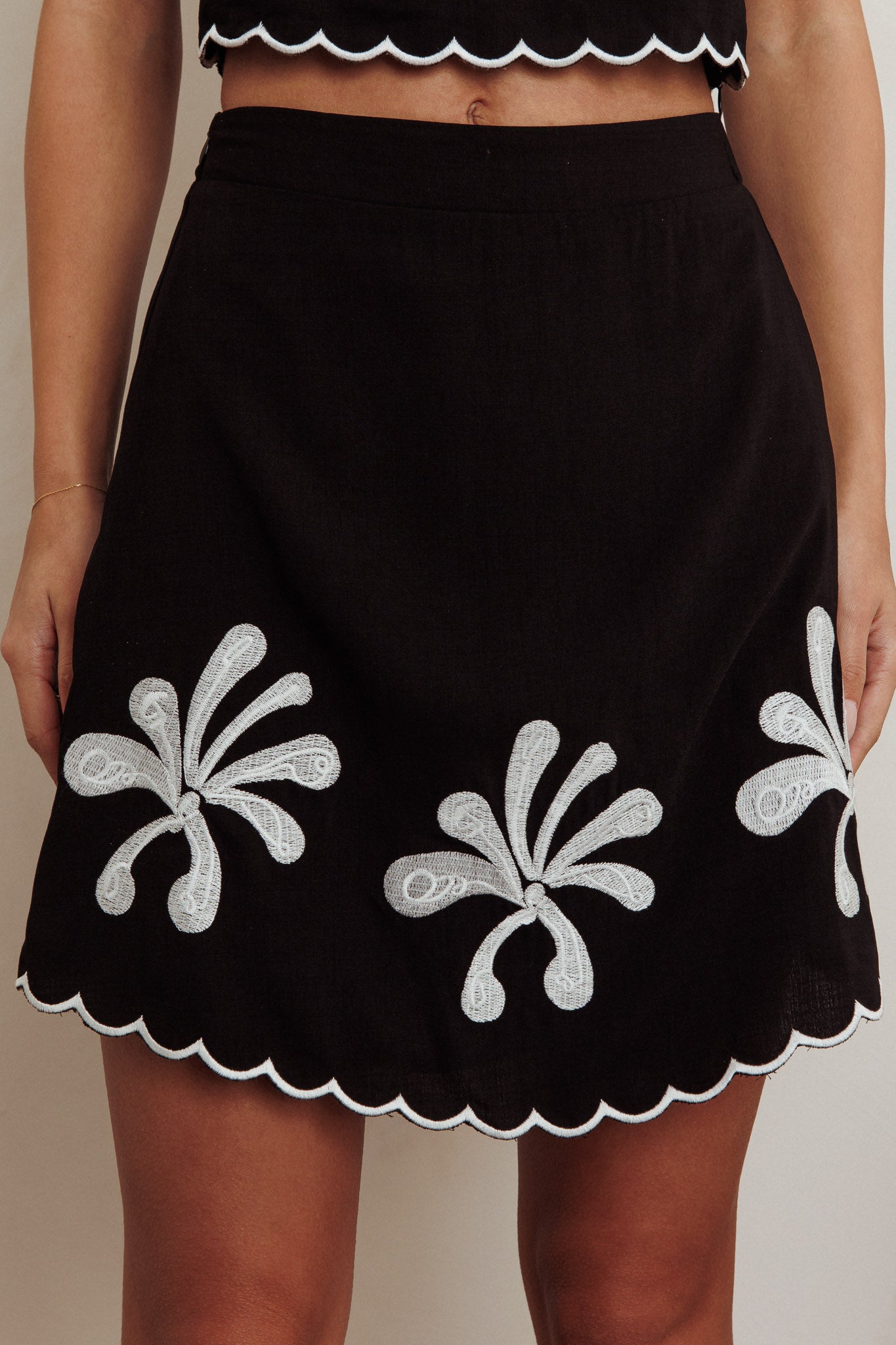 Carsyn Flower Embroidery A-Line Mini Skirt Black by Selfie Leslie Australia