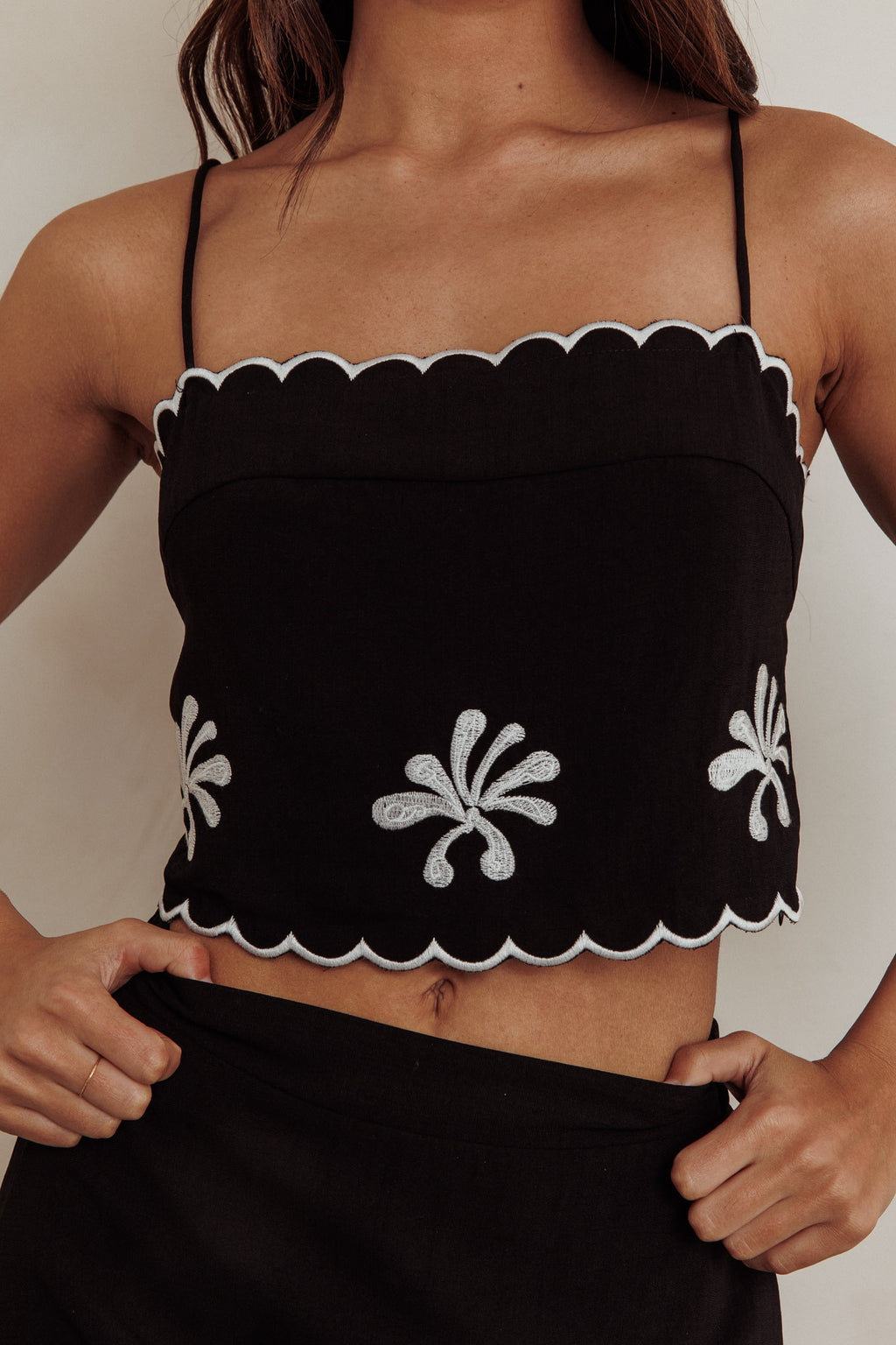 Carsyn Flower Embroidery Cropped Top Black by Selfie Leslie Australia