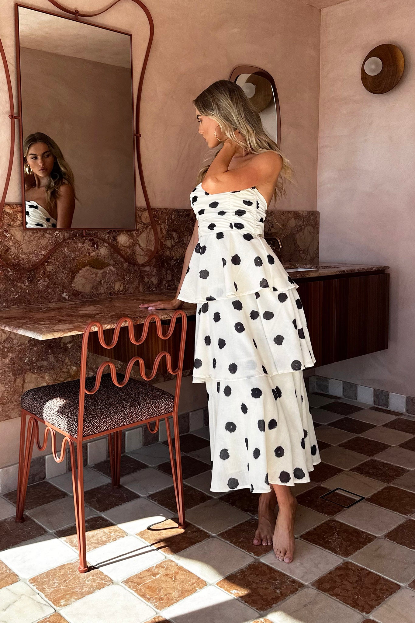 Lorcan Strapless Ruffle Dotted Midi Dress Oat by Selfie Leslie Australia