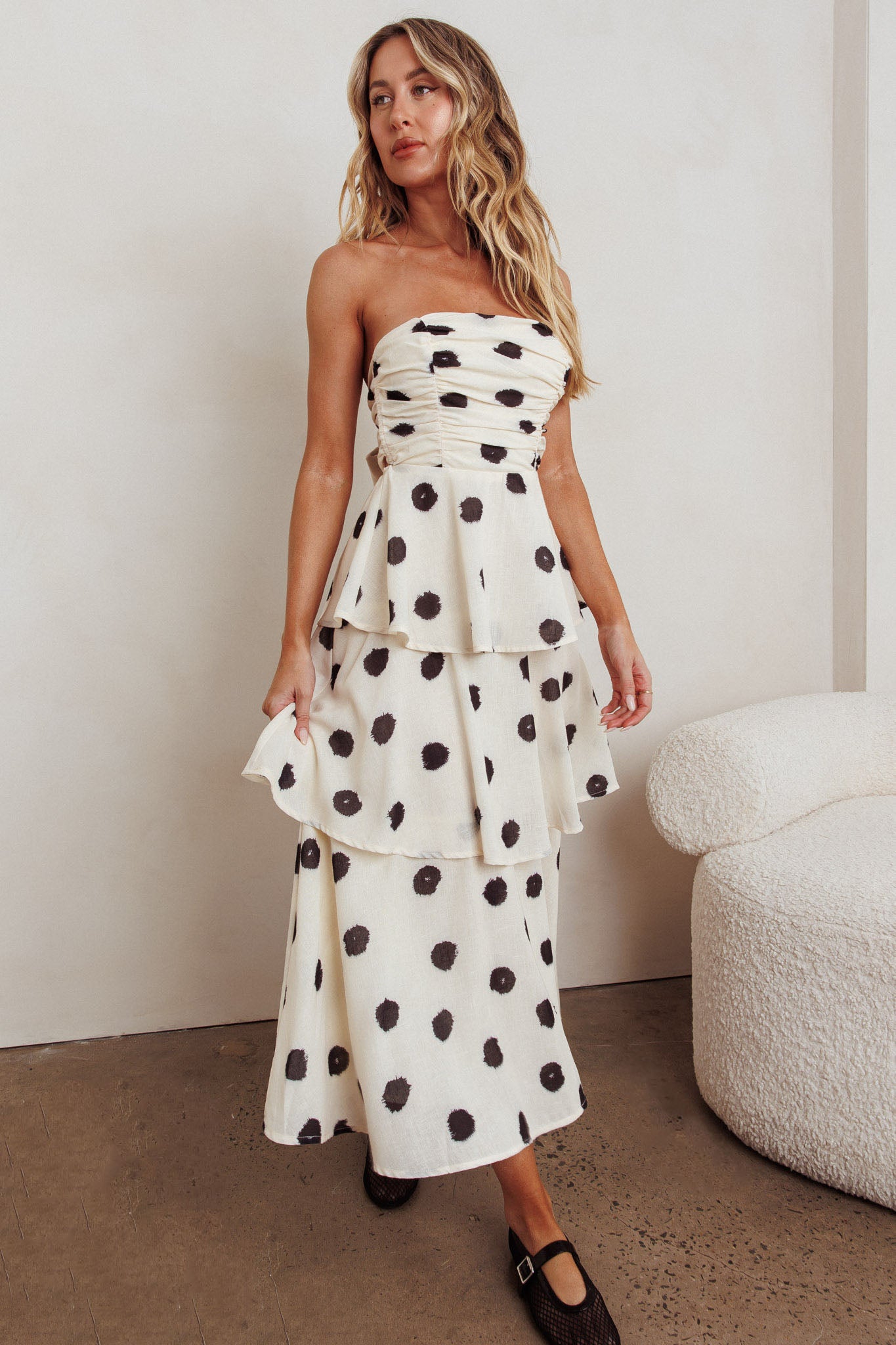 Lorcan Strapless Ruffle Dotted Midi Dress Oat by Selfie Leslie Australia