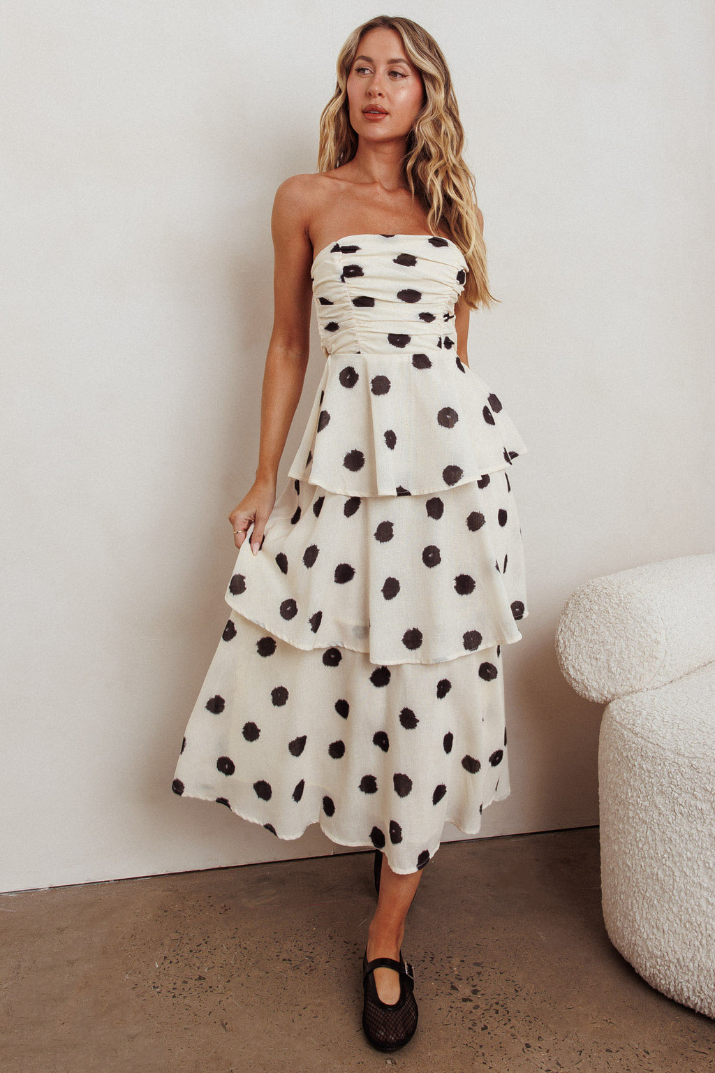 Lorcan Strapless Ruffle Dotted Midi Dress Oat by Selfie Leslie Australia