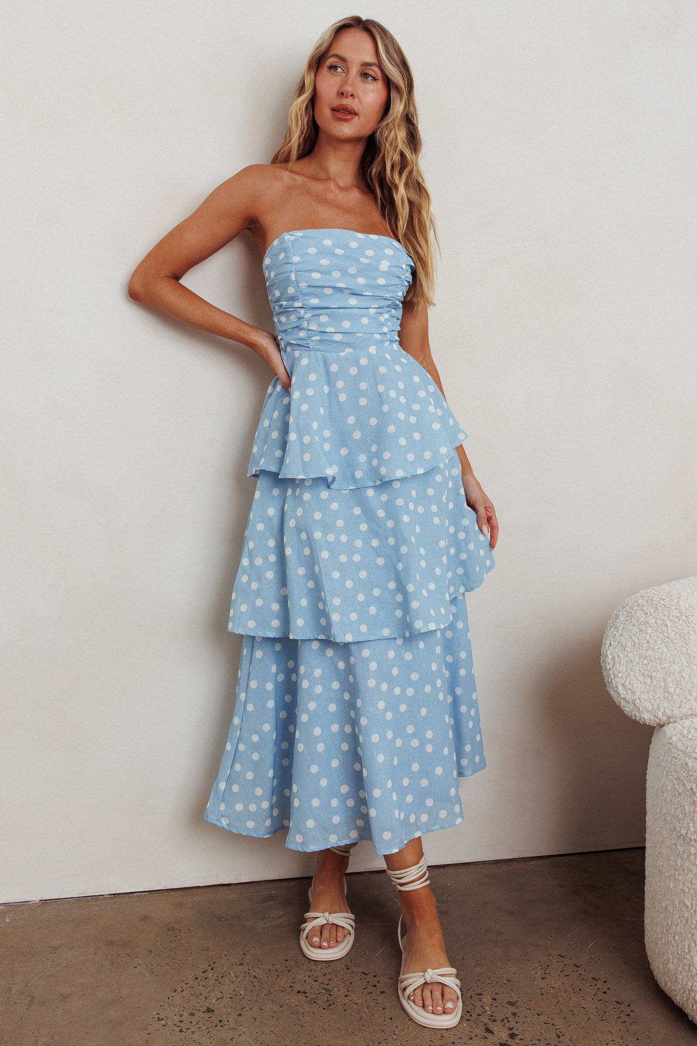 Lorcan Strapless Ruffle Dotted Midi Dress Blue by Selfie Leslie Australia