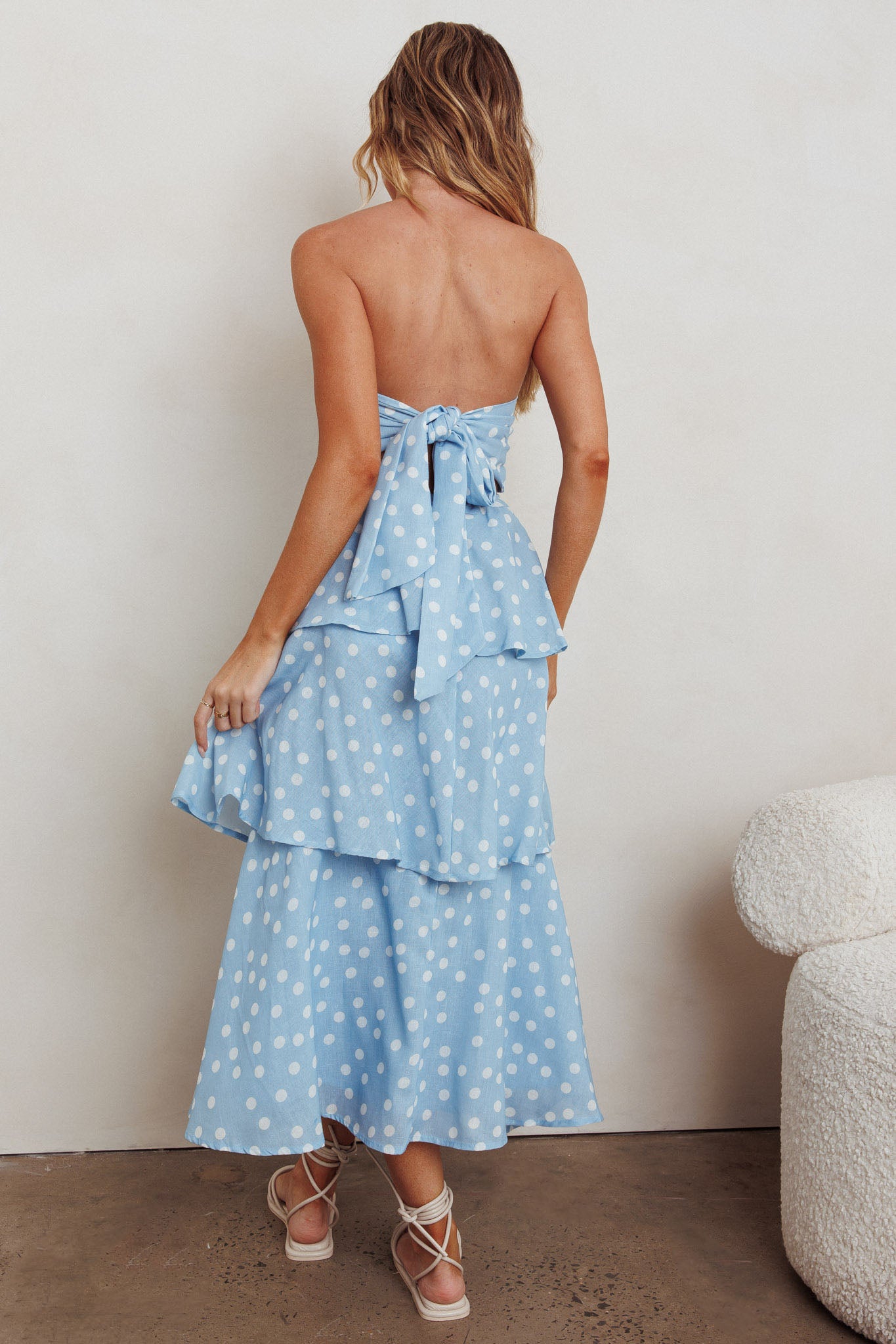 Lorcan Strapless Ruffle Dotted Midi Dress Blue by Selfie Leslie Australia