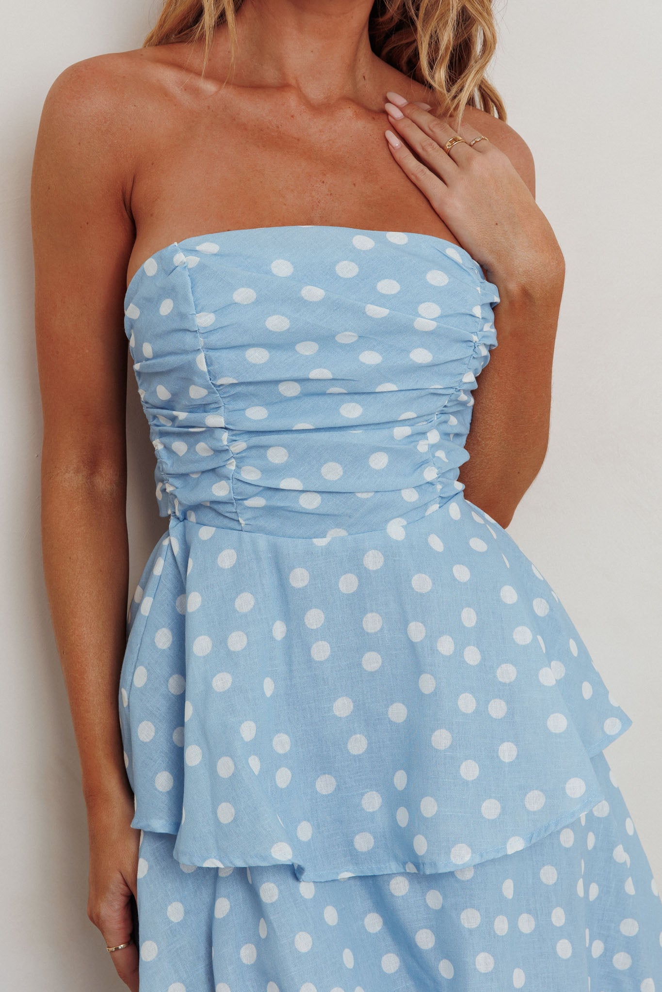 Lorcan Strapless Ruffle Dotted Midi Dress Blue by Selfie Leslie Australia